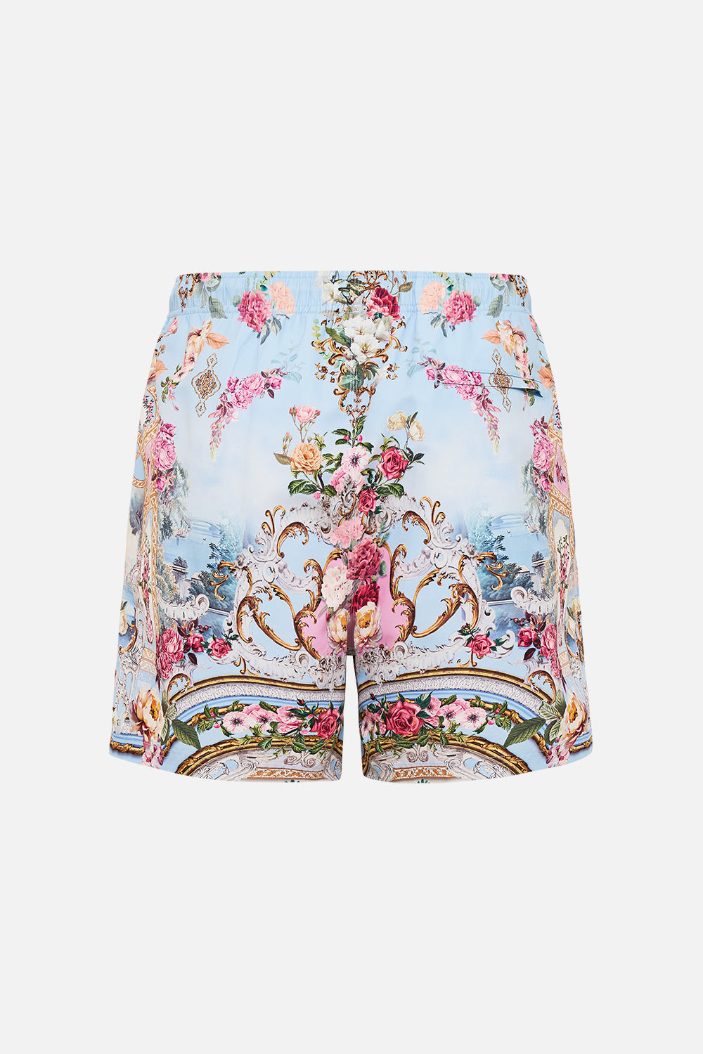The CAMILLA MID LENGTH BOARDSHORT WITH ELASTIC WAIST TILED IN TIME in our  print.