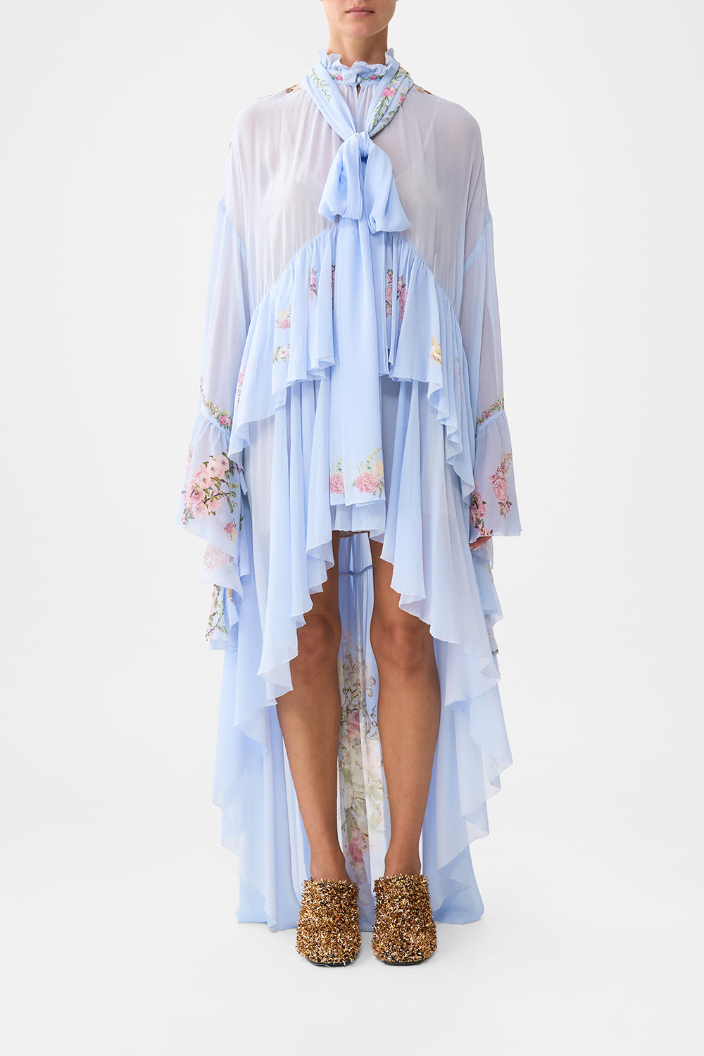 The CAMILLA ruffle high low dress with long sleeve from our print tiled in time