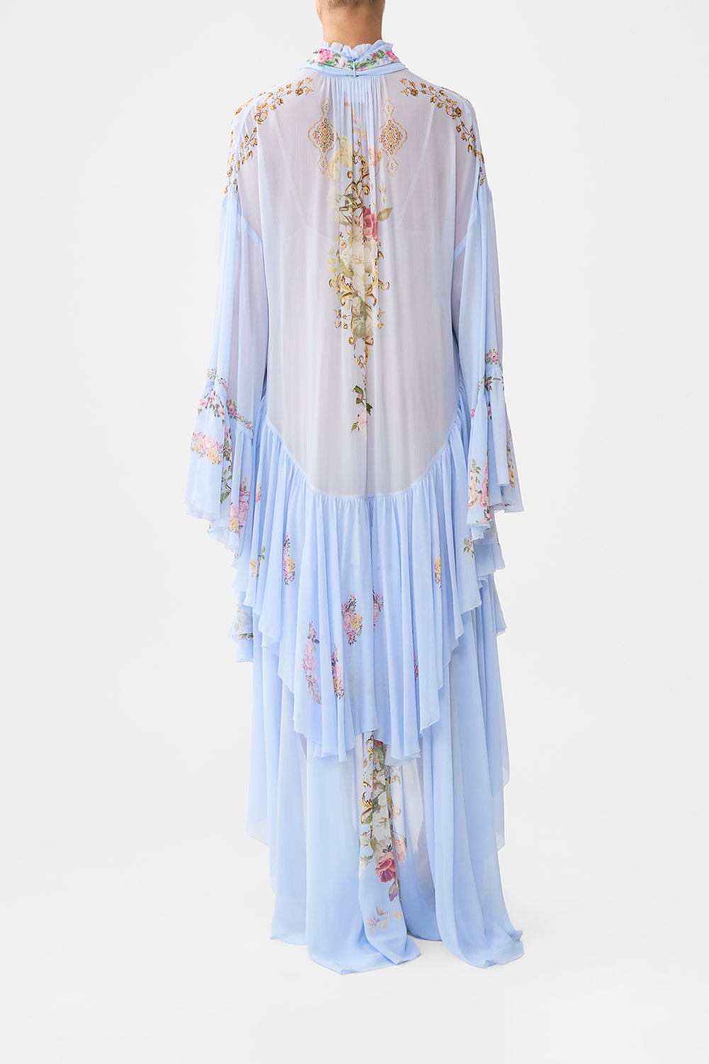 The CAMILLA ruffle high low dress with long sleeve from our print tiled in time