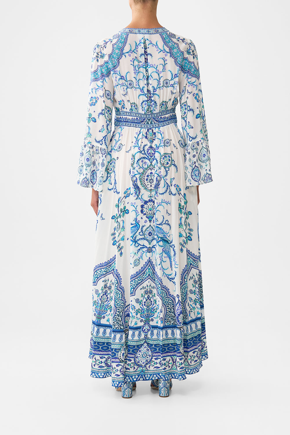 The CAMILLA SHAPED WAISTBAND DRESS WITH RUFFLE SLEEVE ISNIK LULLABY in our  print.