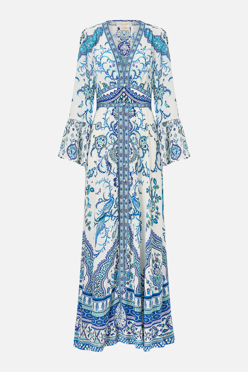 The CAMILLA shaped waistband dress with ruffle sleeve from our print Isnik lullaby, front product view