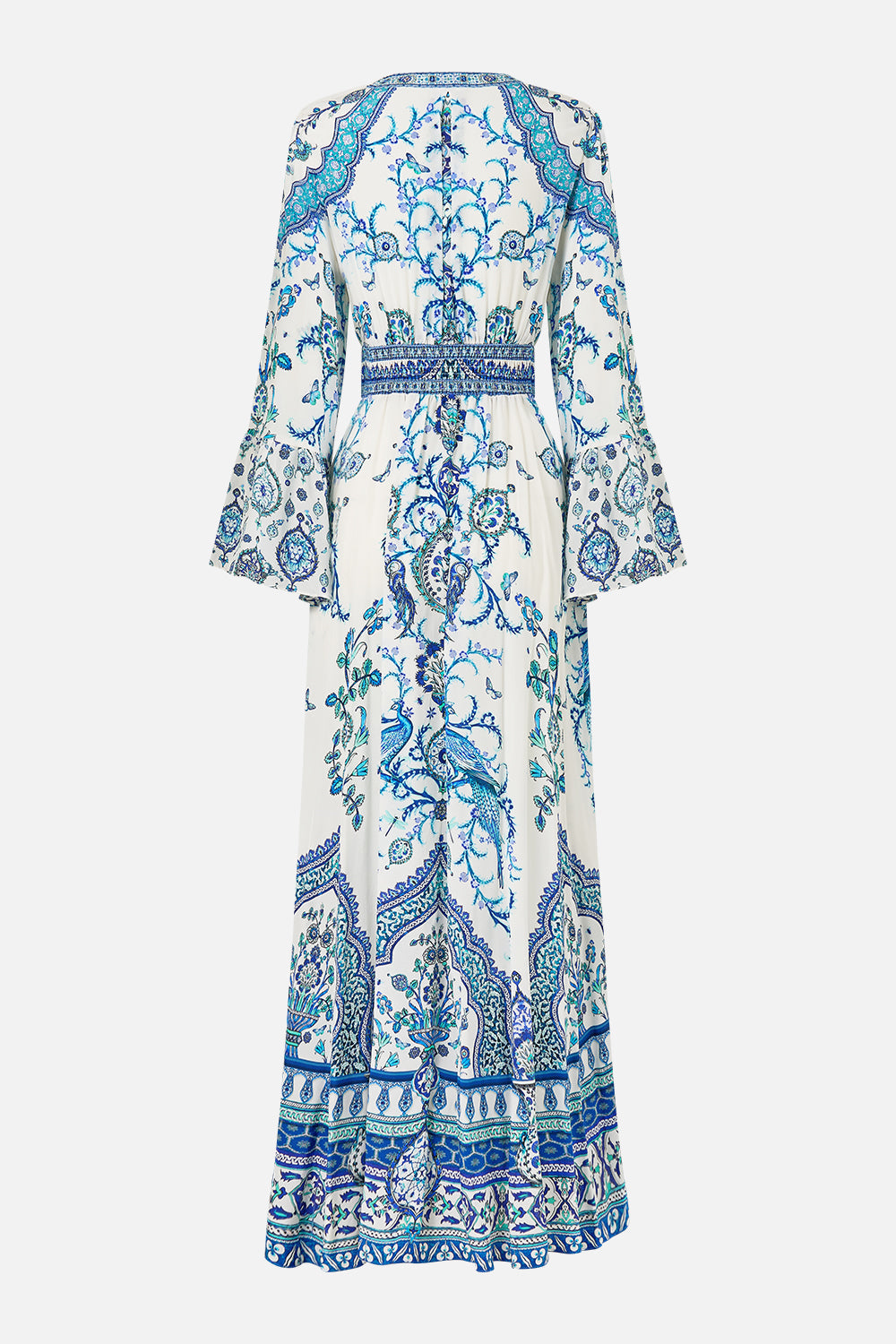 The CAMILLA shaped waistband dress with ruffle sleeve from our print Isnik lullaby, back product view