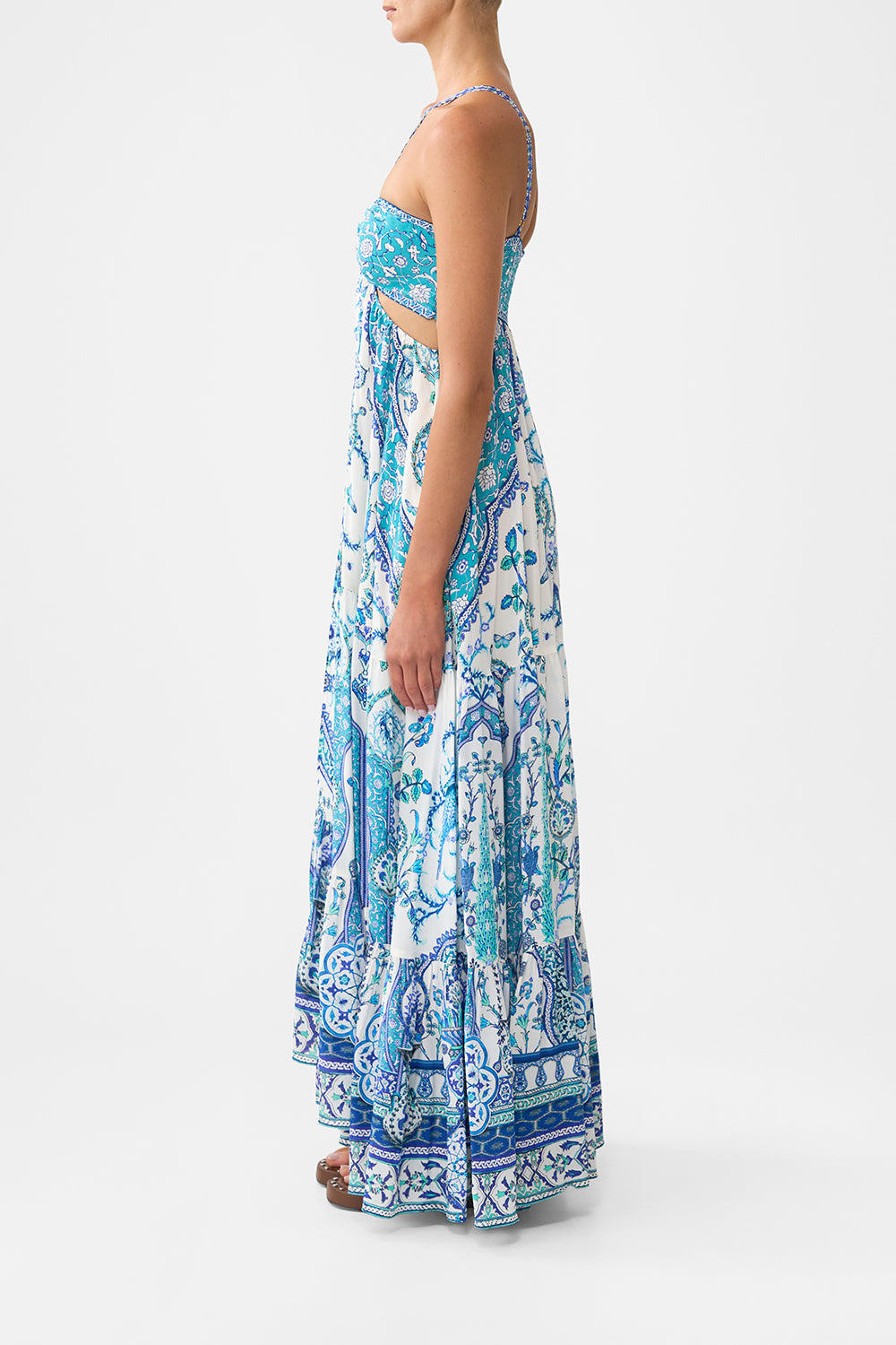 The CAMILLA gathered cut out dress from our print Isnik lullaby