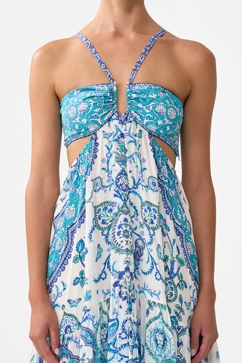 The CAMILLA gathered cut out dress from our print Isnik lullaby