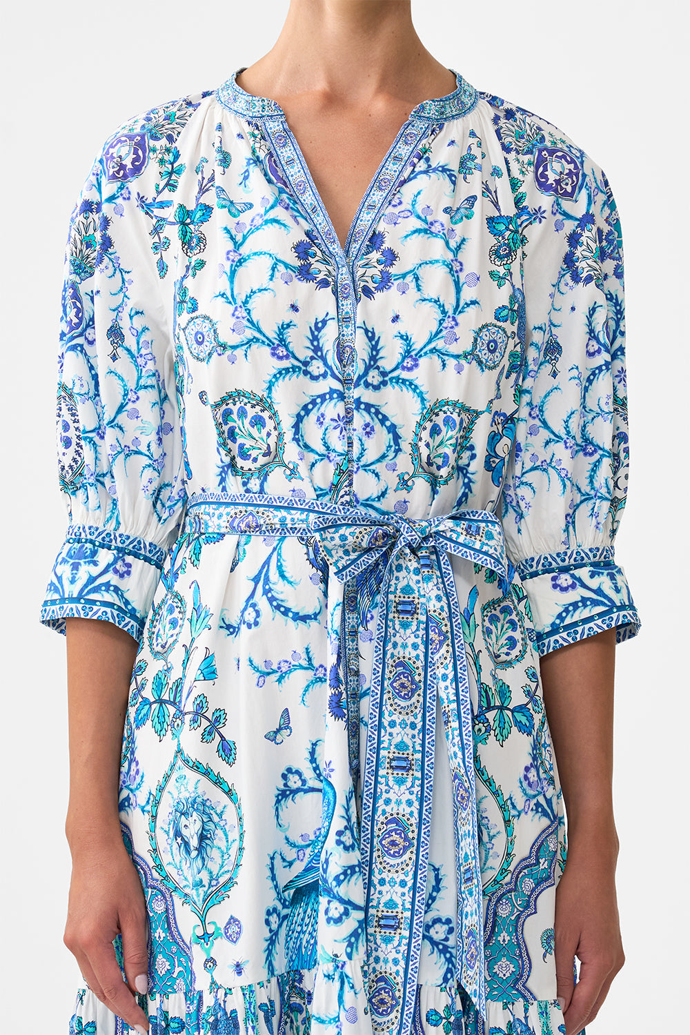 The CAMILLA tiered shirt dress with short sleeve from our print Isnik lullaby