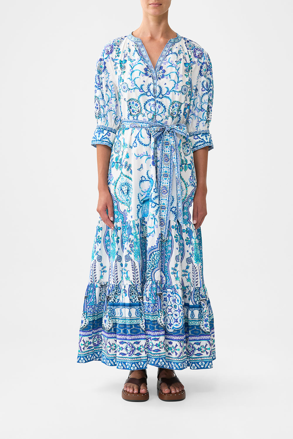 The CAMILLA tiered shirt dress with short sleeve from our print Isnik lullaby