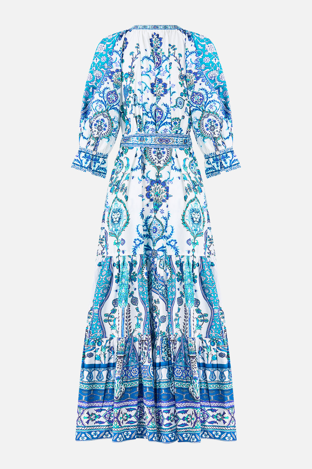 The CAMILLA tiered shirt dress with short sleeve from our print Isnik lullaby, back product view