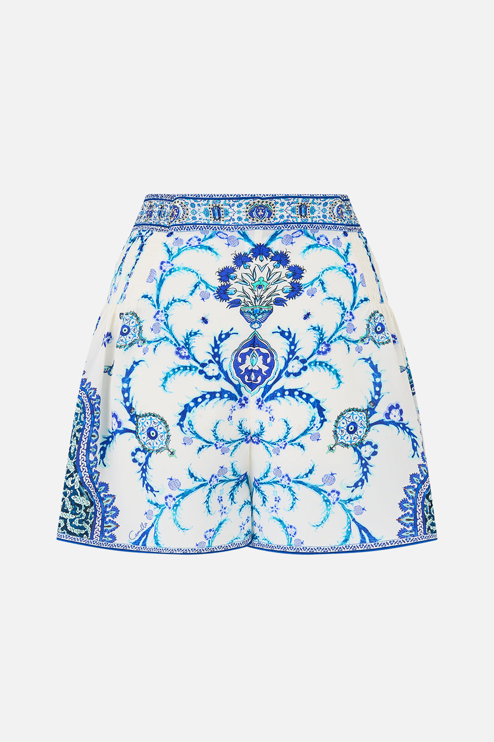 The CAMILLA shorts with side flounce from our print Isnik lullaby, back product view