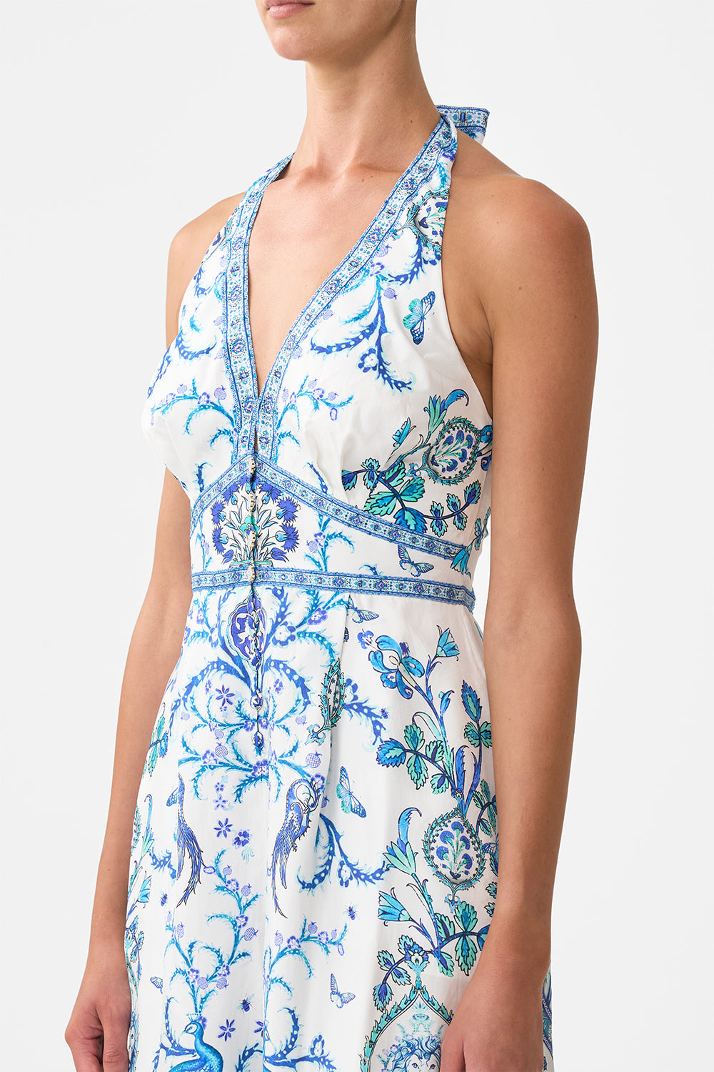 The CAMILLA halterneck jumpsuit with tie neck from our print Isnik lullaby