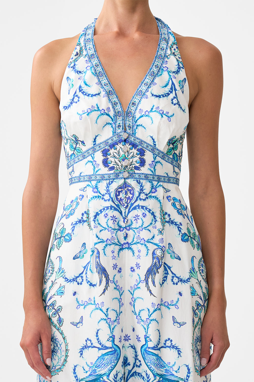 The CAMILLA halterneck jumpsuit with tie neck from our print Isnik lullaby