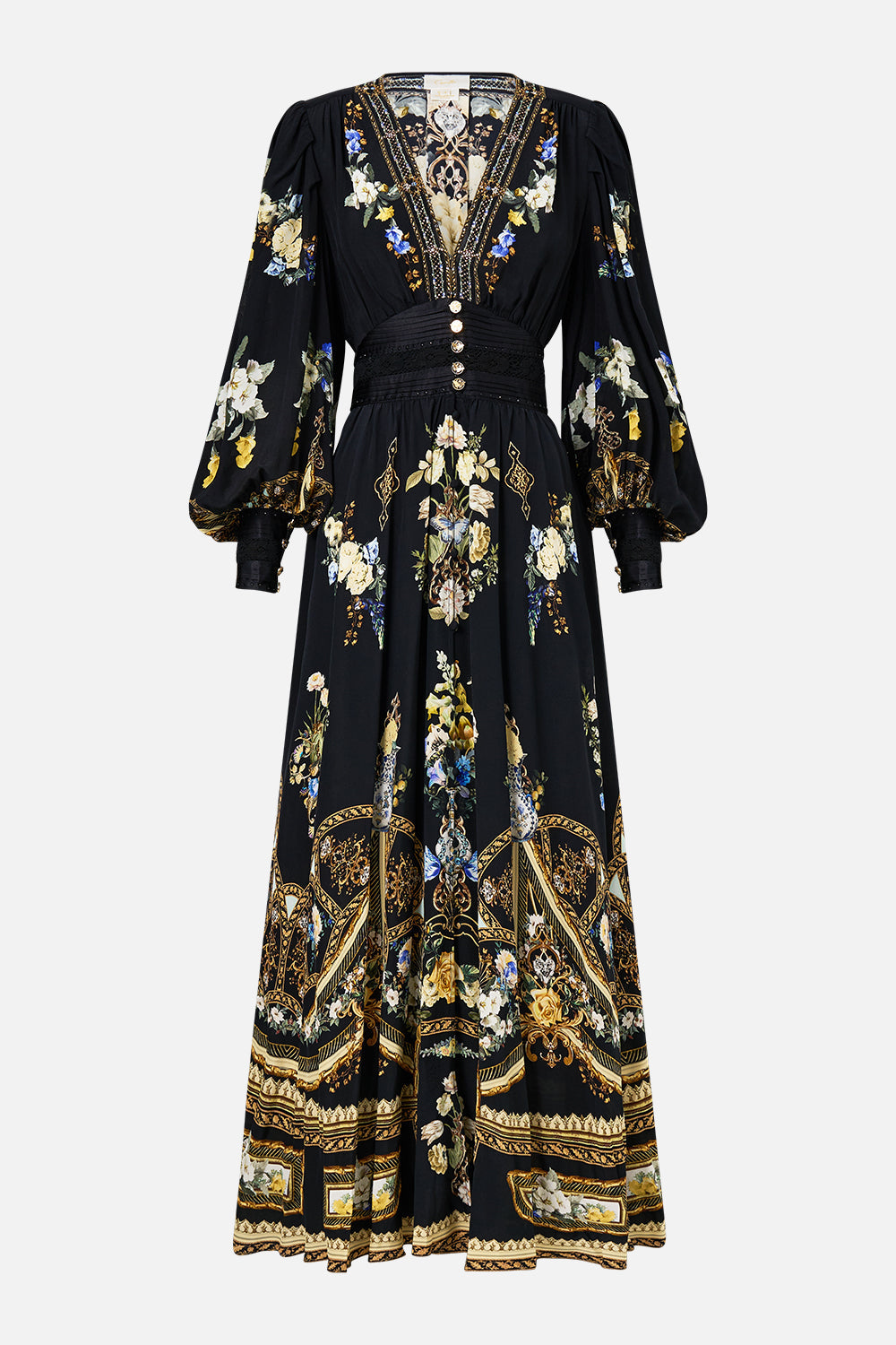 The CAMILLA shaped waistband dress with gathered sleeves from our print Ottoman elegance, front product view