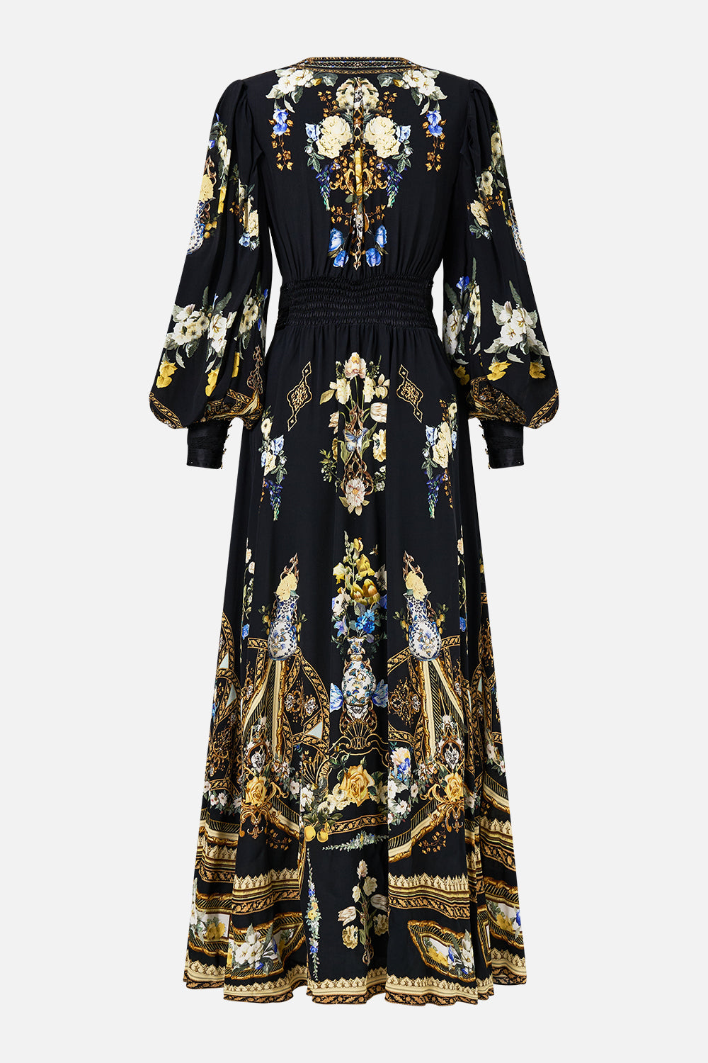 The CAMILLA shaped waistband dress with gathered sleeves from our print Ottoman elegance, back product view