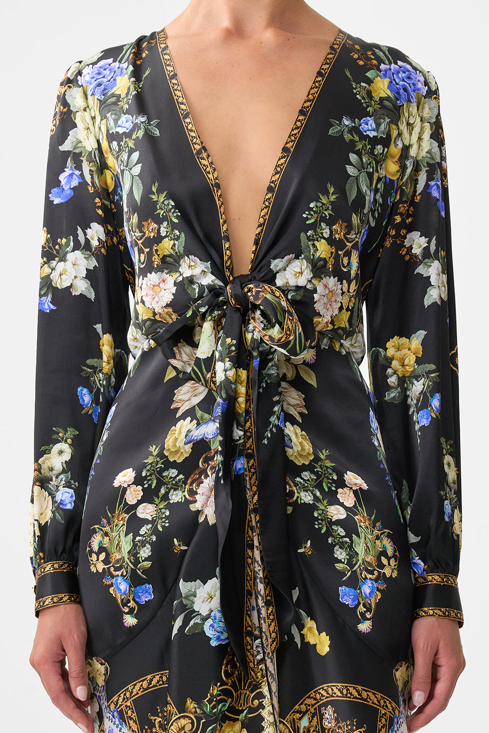 The CAMILLA TIE WAIST LONG SLEEVE DRESS OTTOMAN ELEGANCE in our  print.