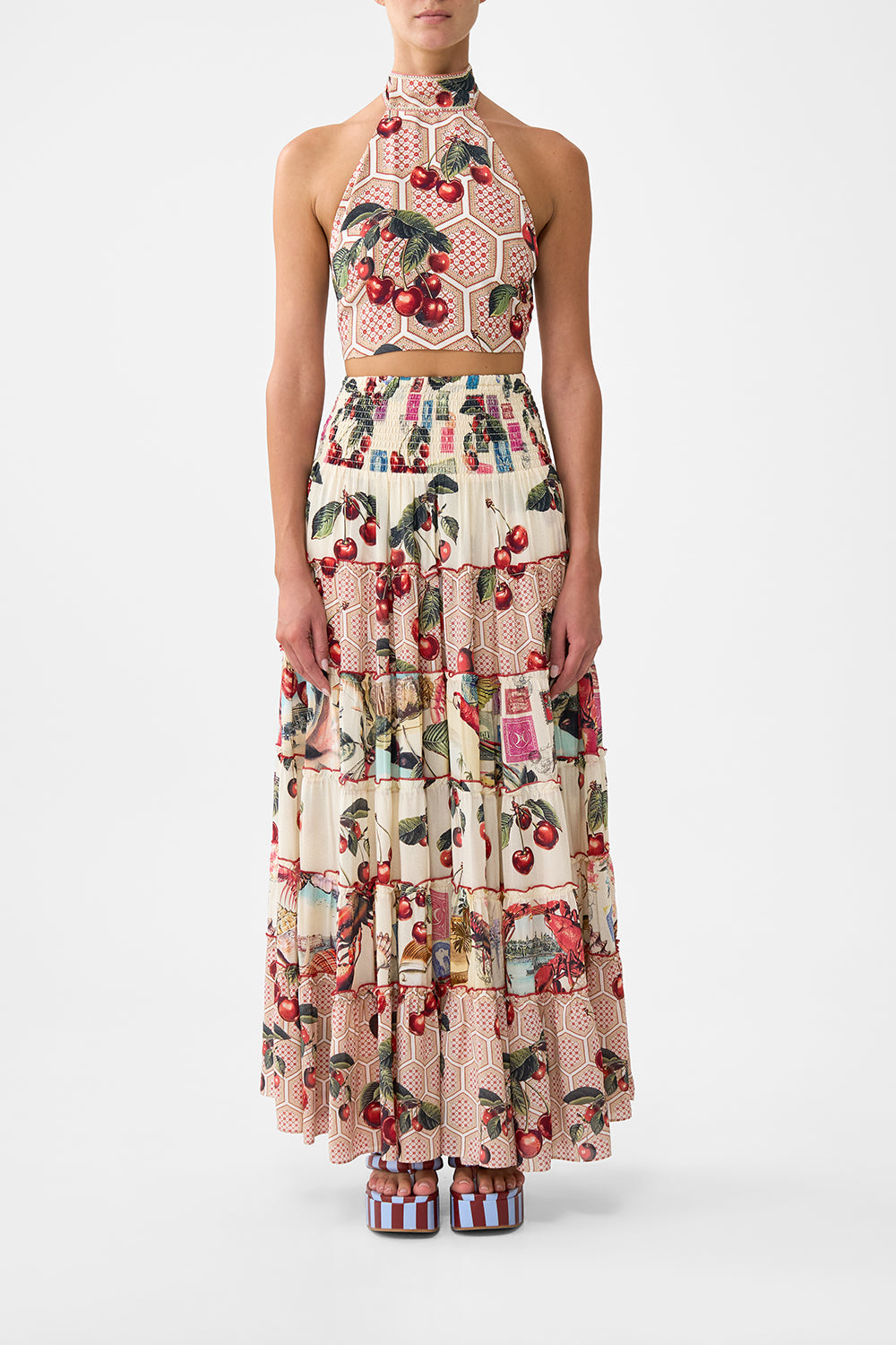 The CAMILLA SHIRRED WAIST TIERED CIRCLE SKIRT NOTES FROM THE ROAD in our NOTES FROM THE ROAD print.