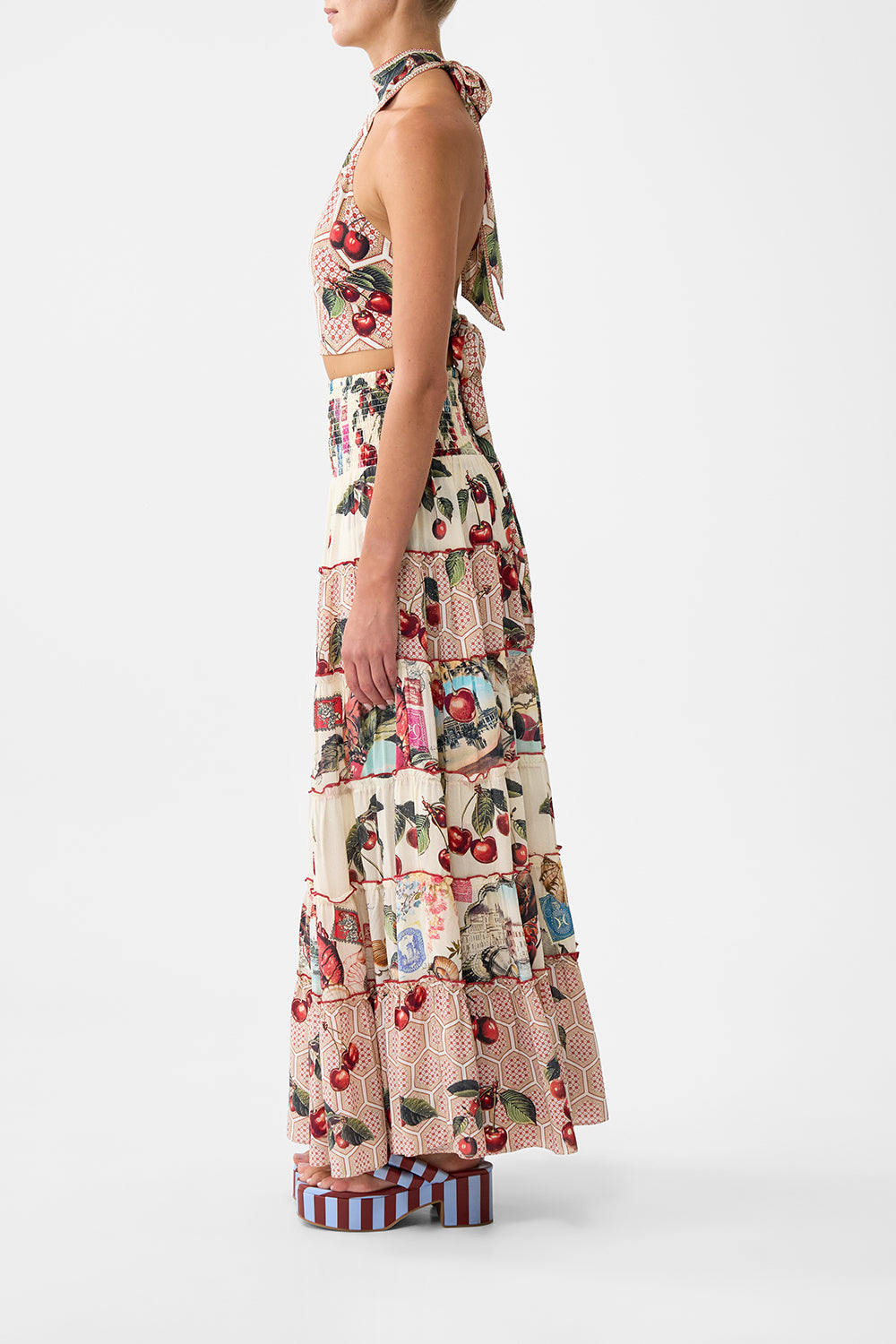 The CAMILLA SHIRRED WAIST TIERED CIRCLE SKIRT NOTES FROM THE ROAD in our  print.