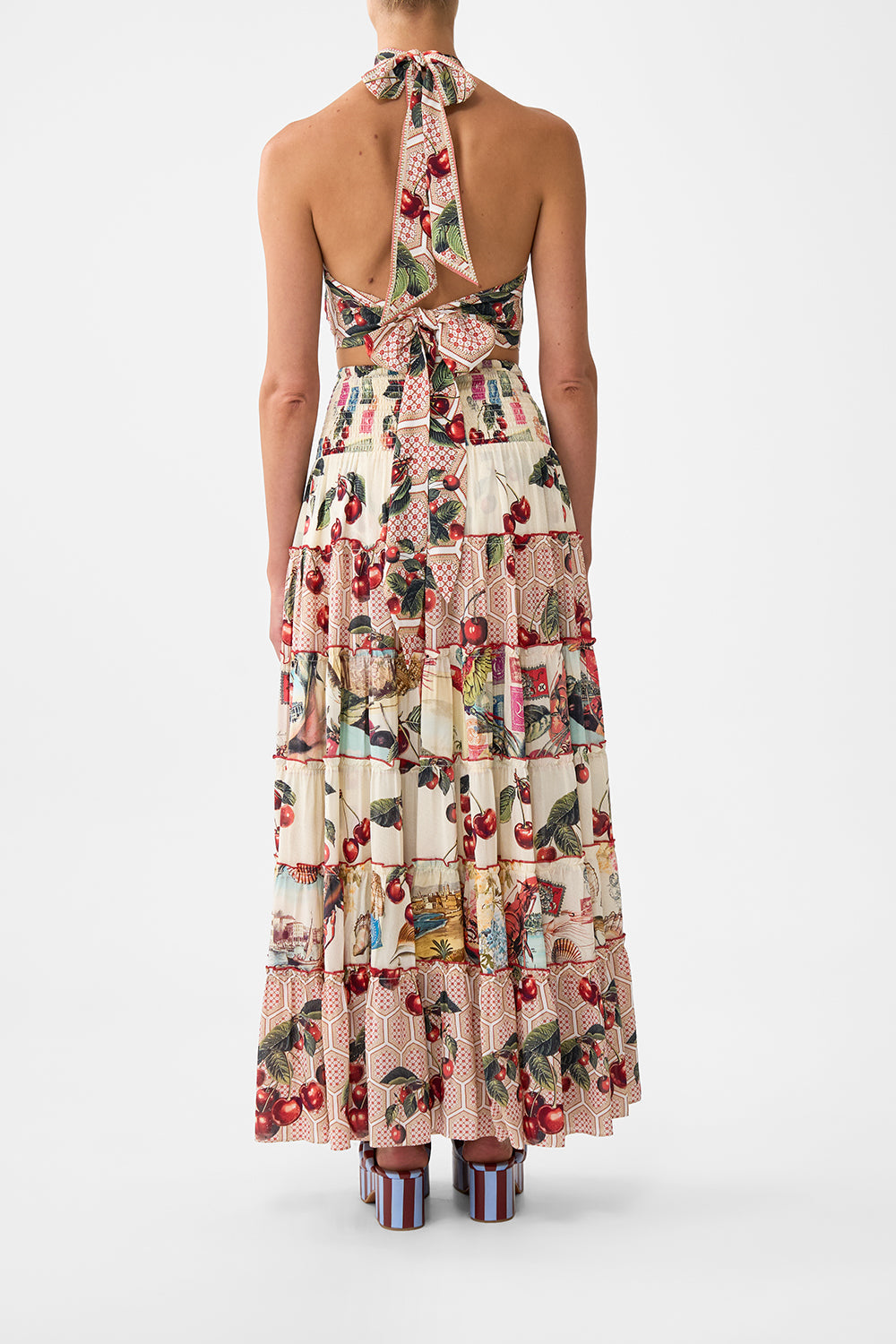 The CAMILLA SHIRRED WAIST TIERED CIRCLE SKIRT NOTES FROM THE ROAD in our  print.
