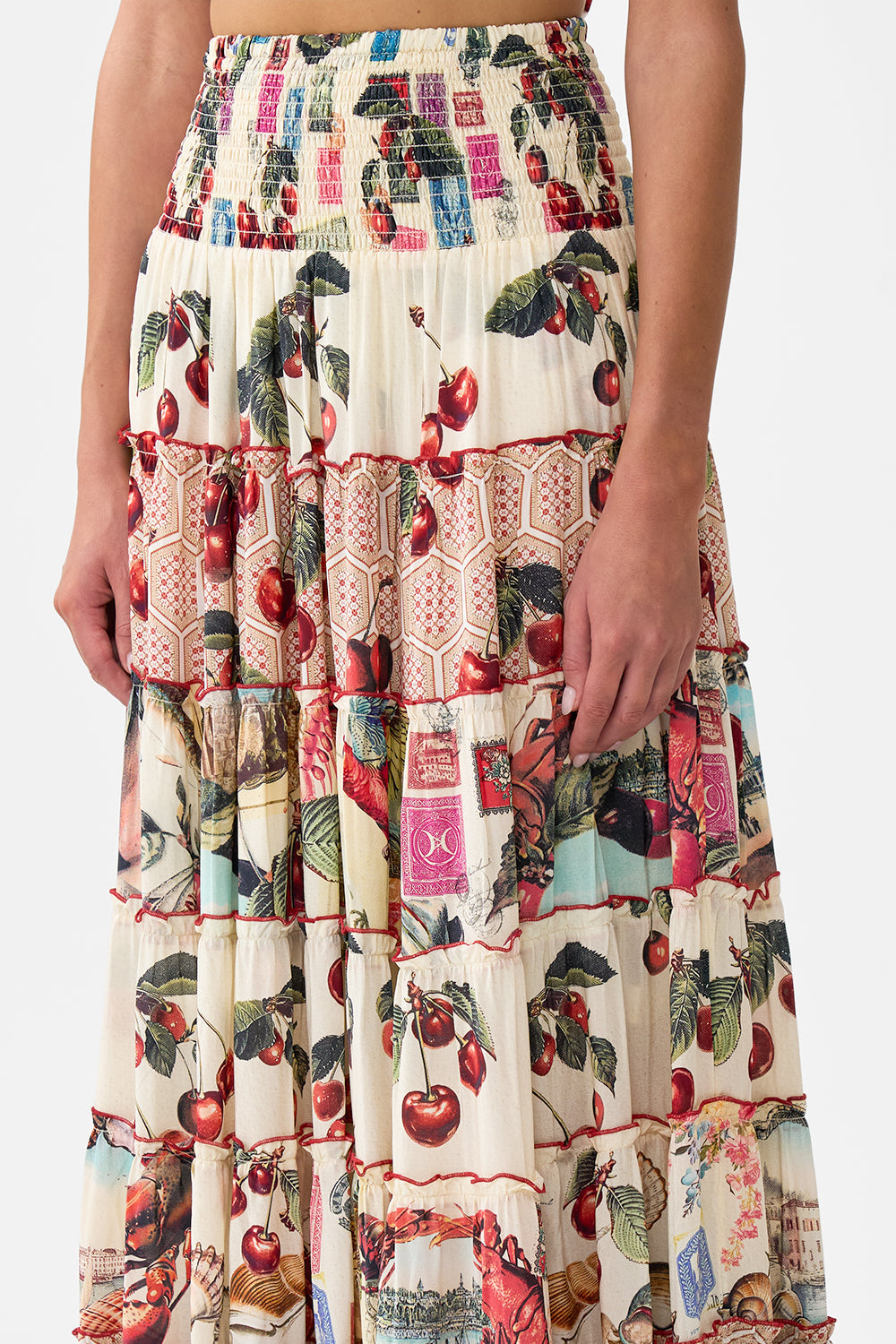The CAMILLA SHIRRED WAIST TIERED CIRCLE SKIRT NOTES FROM THE ROAD in our  print.