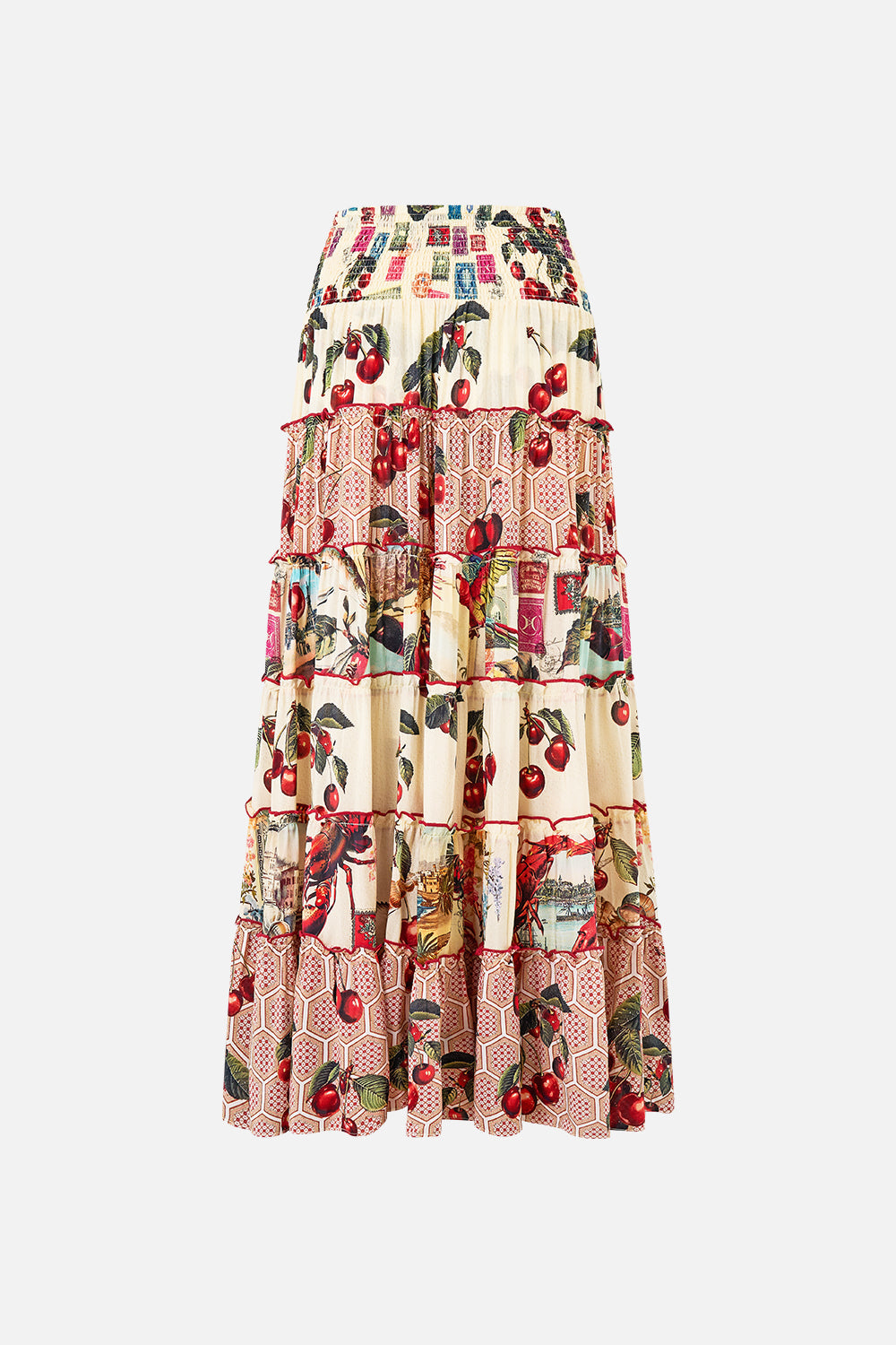 The CAMILLA SHIRRED WAIST TIERED CIRCLE SKIRT NOTES FROM THE ROAD in our  print.