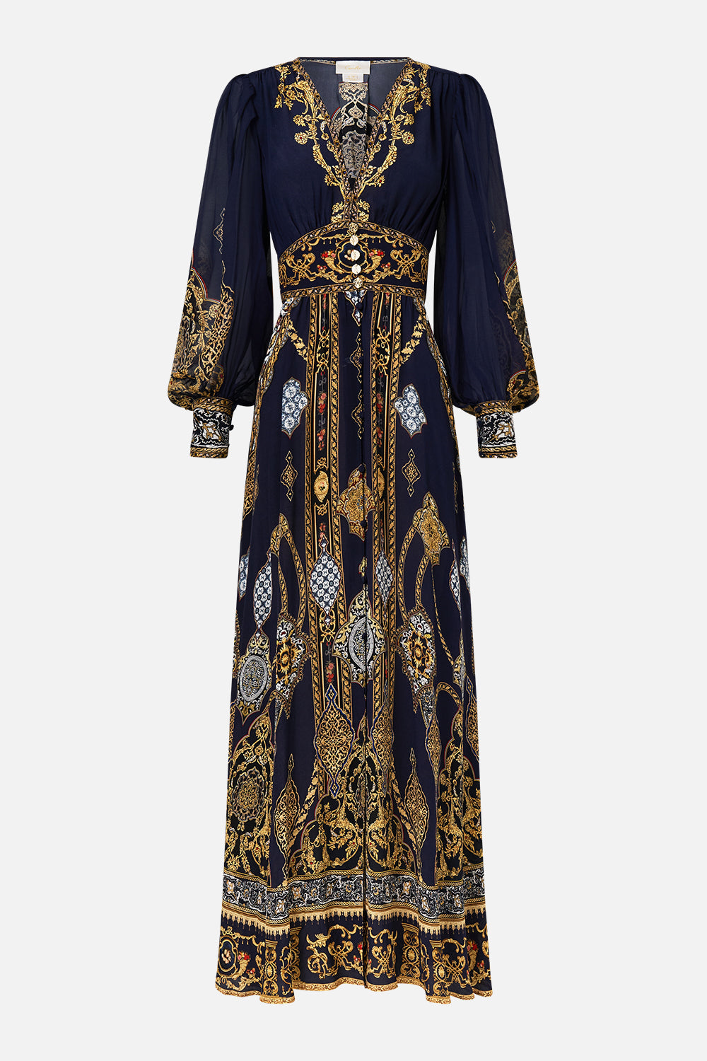 The CAMILLA SHAPED WAISTBAND DRESS WITH GATHERED SLEEVES THE IMPERIAL GATE in our  print.