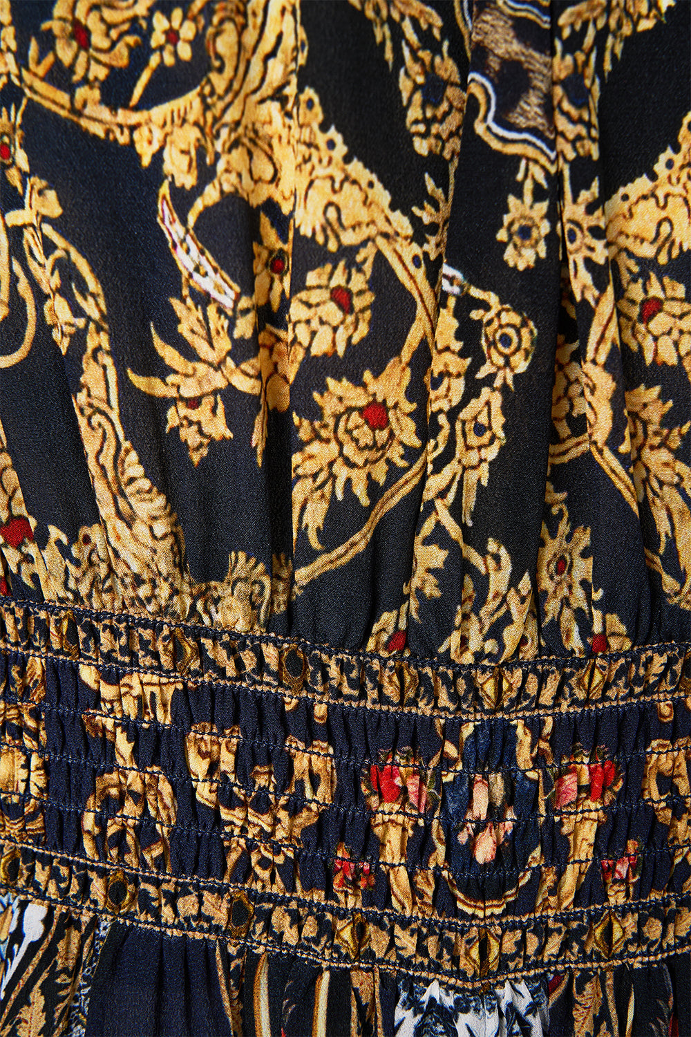 The CAMILLA SHAPED WAISTBAND DRESS WITH GATHERED SLEEVES THE IMPERIAL GATE in our  print.