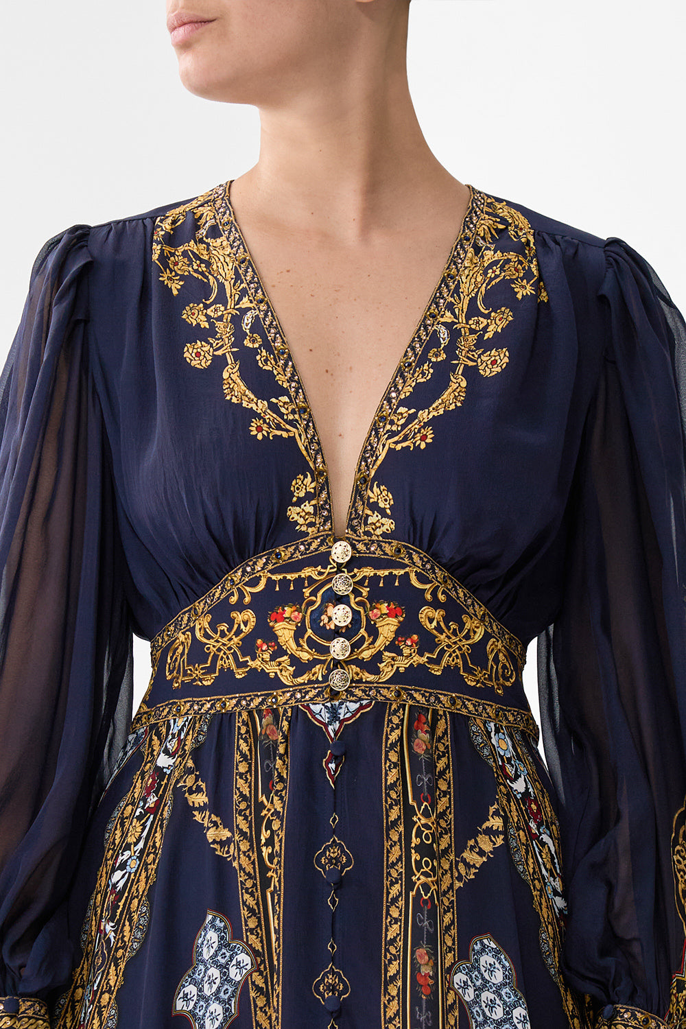The CAMILLA SHAPED WAISTBAND DRESS WITH GATHERED SLEEVES THE IMPERIAL GATE in our  print.