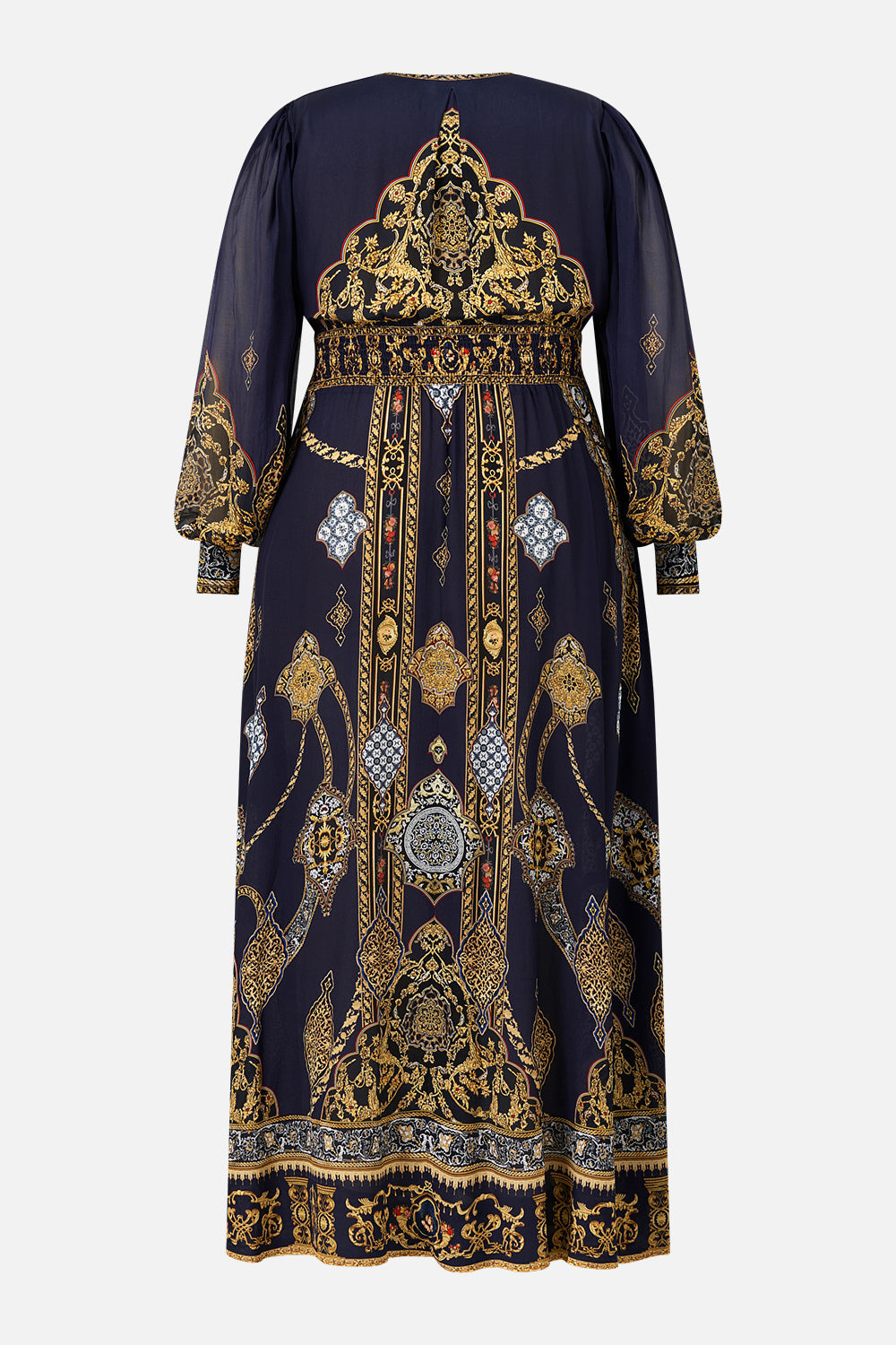 The CAMILLA SHAPED WAISTBAND DRESS WITH GATHERED SLEEVES THE IMPERIAL GATE in our  print.