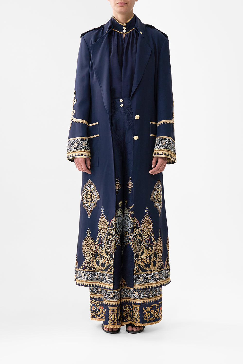 The CAMILLA long military coat from our print the imperial gate, front model view