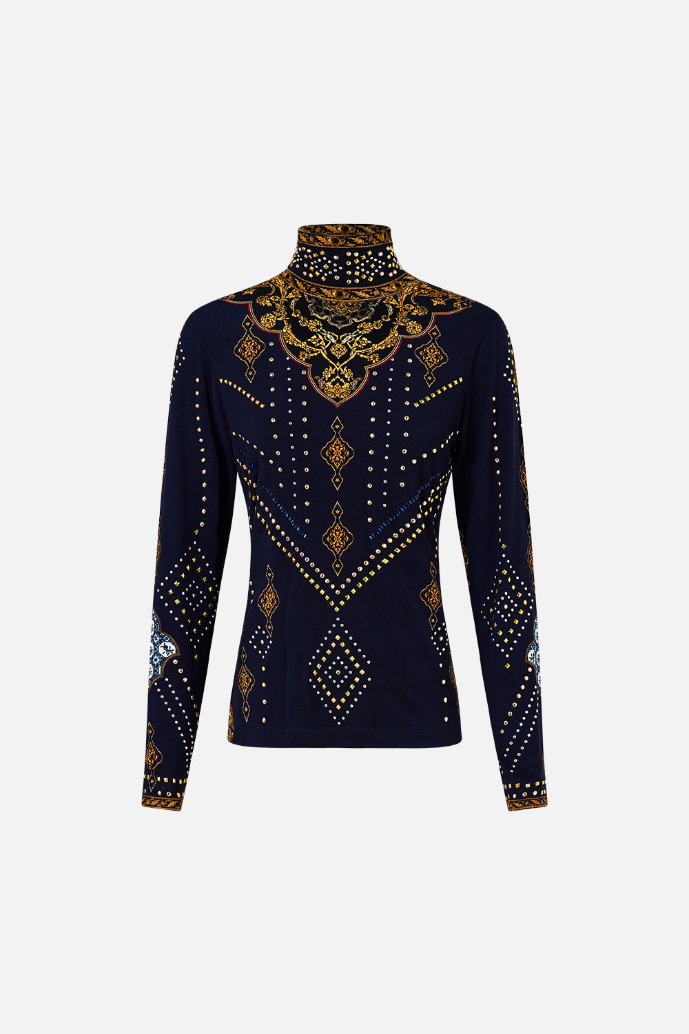 The CAMILLA JERSEY TURTLENECK THE IMPERIAL GATE in our  print.