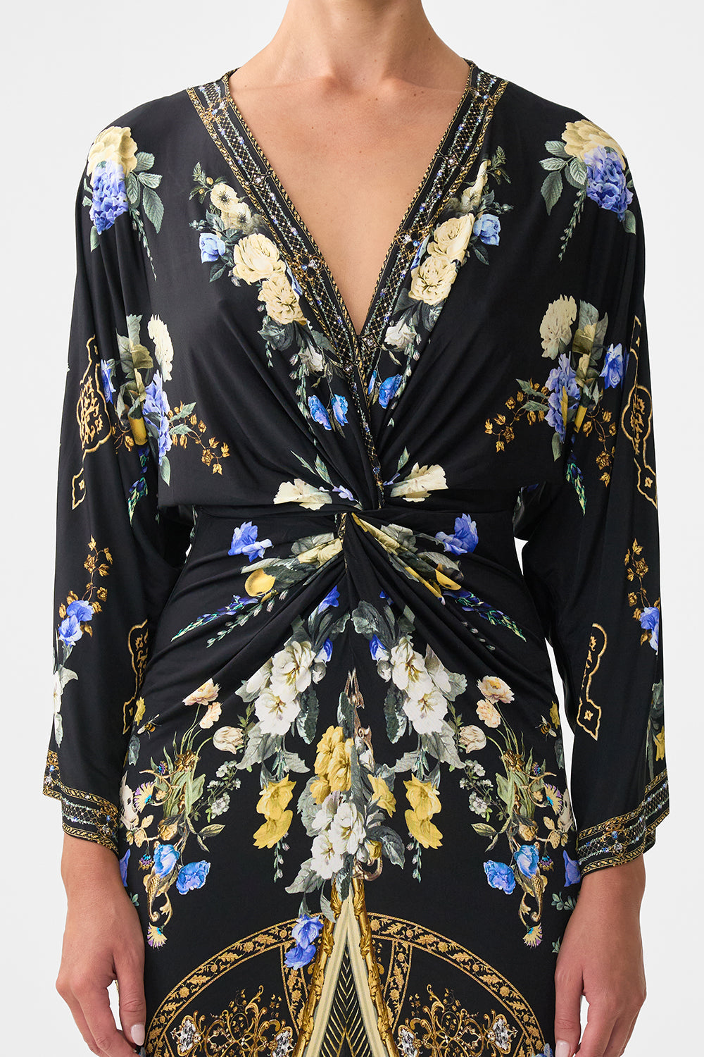 The CAMILLA LONG SPLIT FRONT TWIST DRESS OTTOMAN ELEGANCE in our  print.