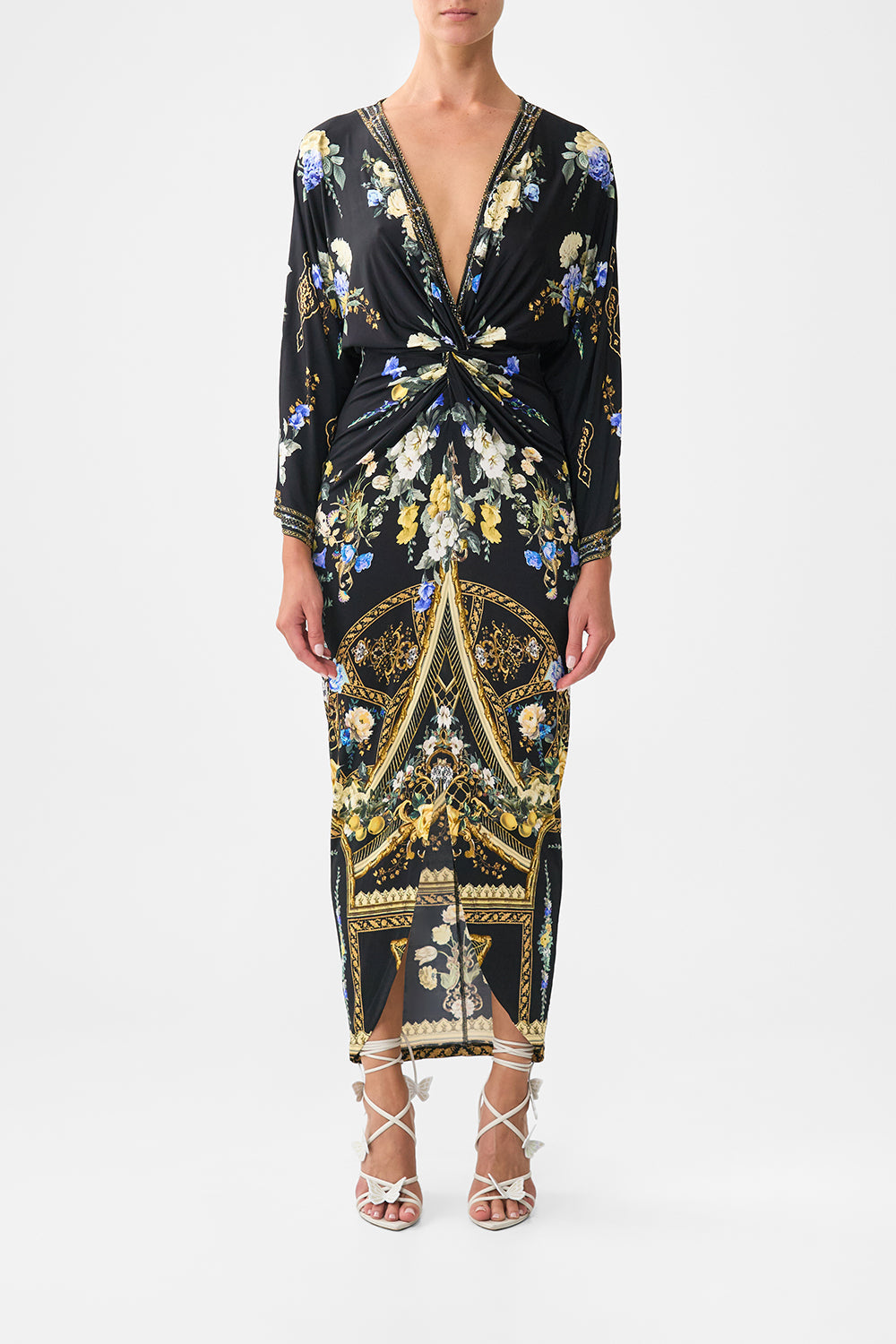 The CAMILLA LONG SPLIT FRONT TWIST DRESS OTTOMAN ELEGANCE in our OTTOMAN ELEGANCE print.