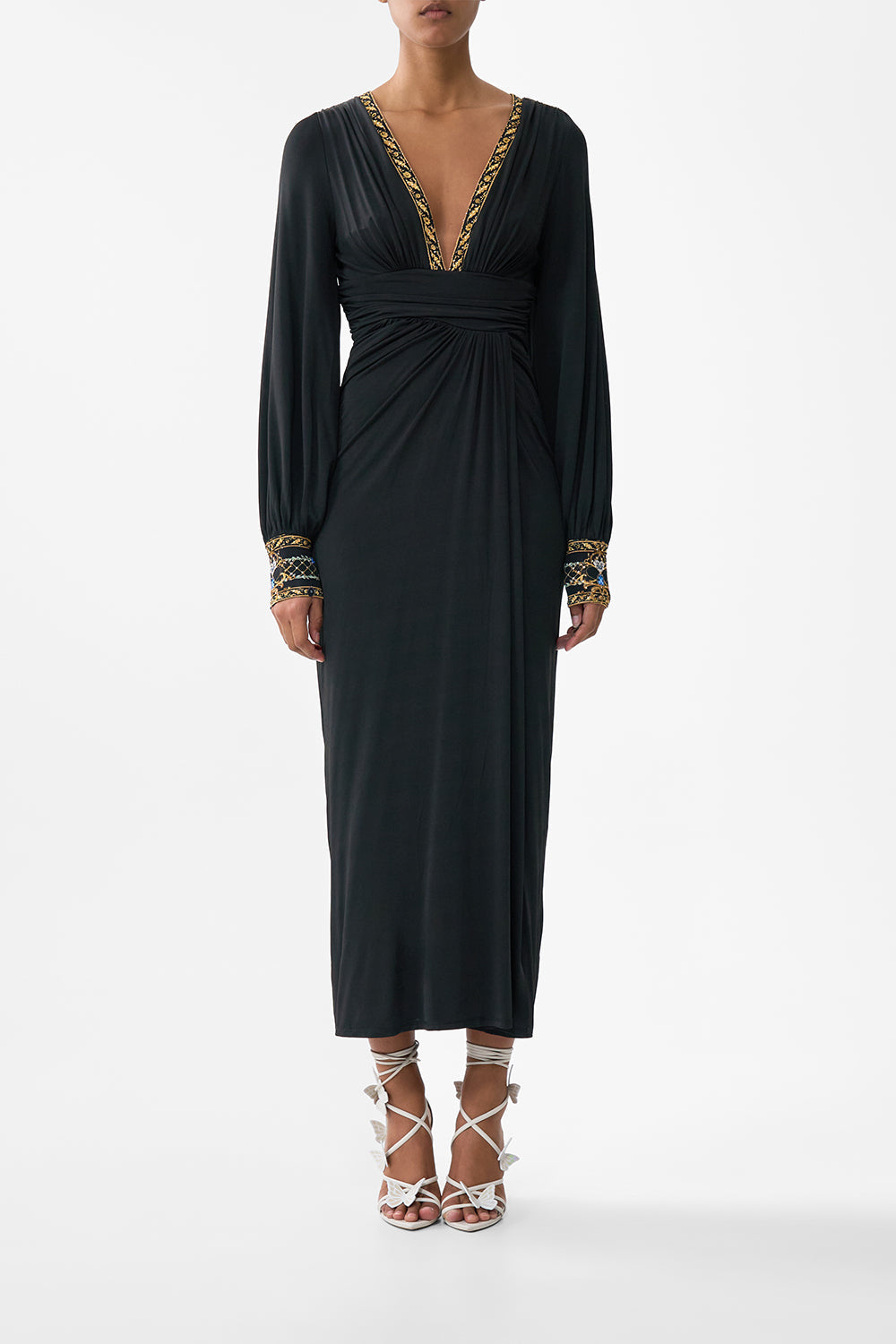 The CAMILLA WAISTED DRAPED JERSEY DRESS OTTOMAN ELEGANCE in our OTTOMAN ELEGANCE print.