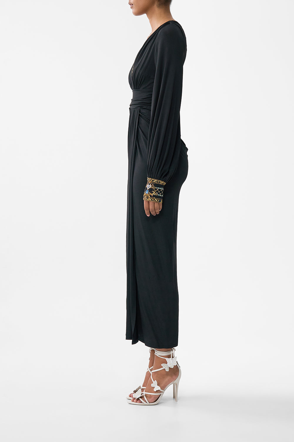 The CAMILLA WAISTED DRAPED JERSEY DRESS OTTOMAN ELEGANCE in our  print.
