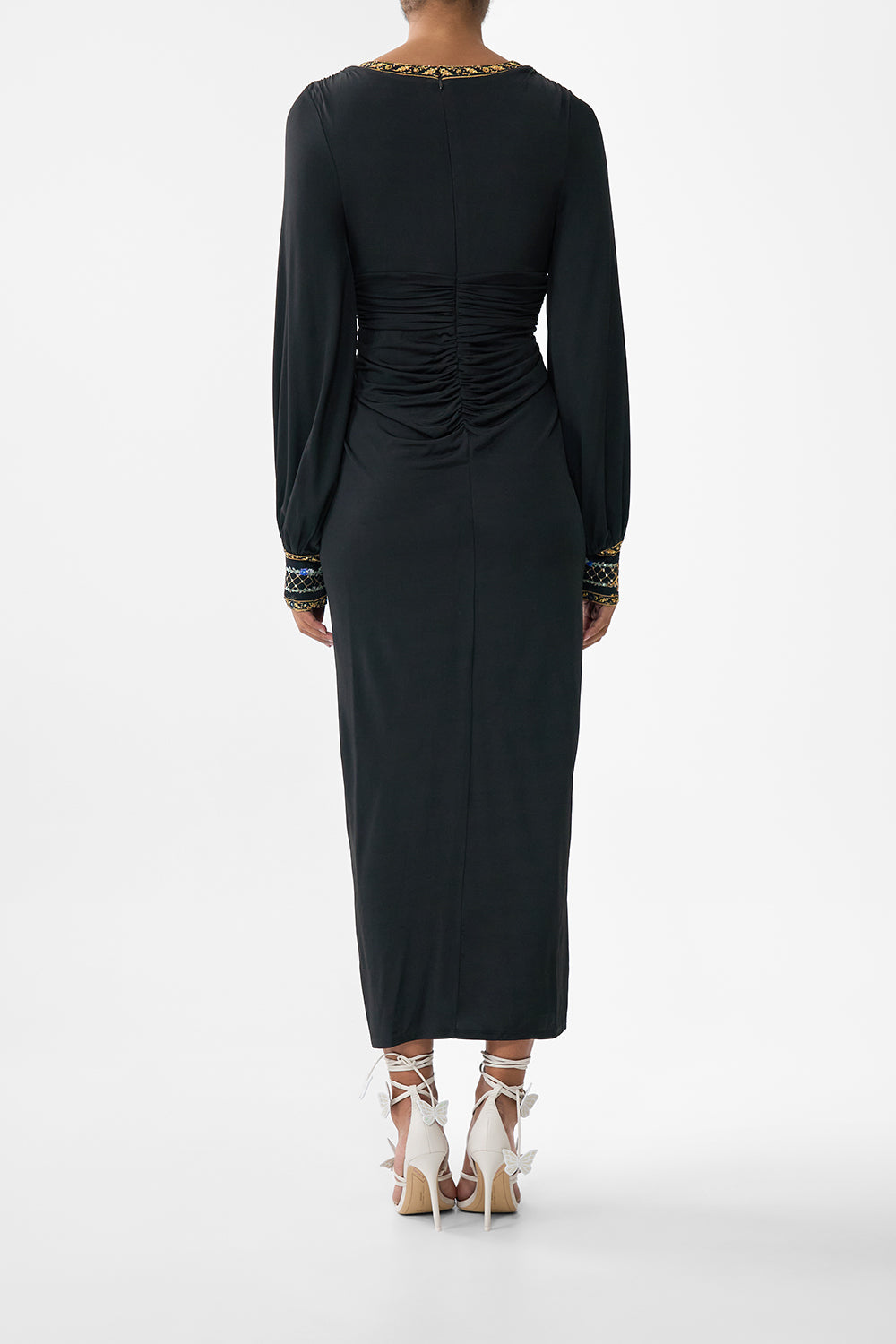 The CAMILLA WAISTED DRAPED JERSEY DRESS OTTOMAN ELEGANCE in our  print.