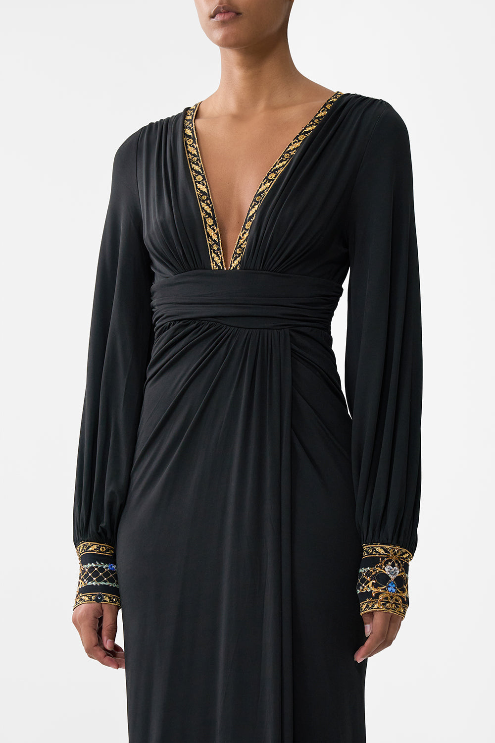 The CAMILLA WAISTED DRAPED JERSEY DRESS OTTOMAN ELEGANCE in our  print.
