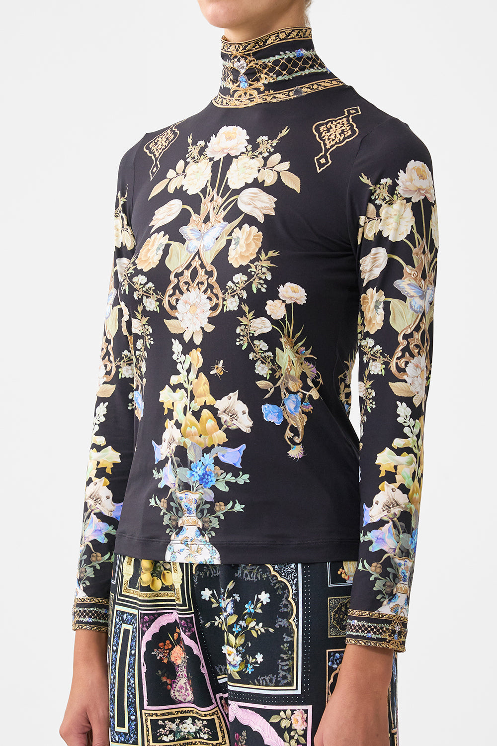 The CAMILLA JERSEY TURTLENECK OTTOMAN ELEGANCE in our  print.