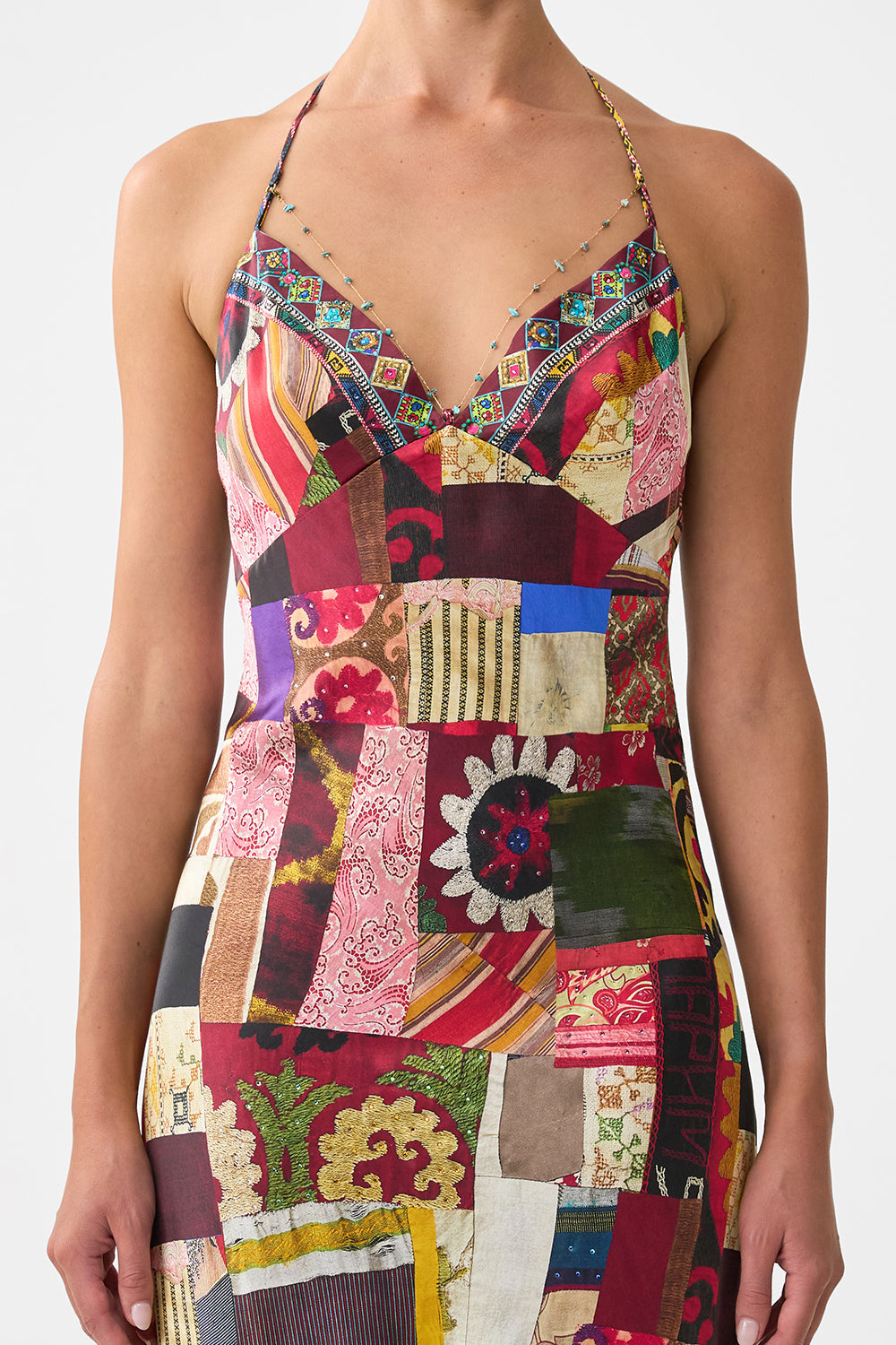The CAMILLA CHAIN DETAIL SLIP DRESS PATCHWORK ALCHEMY in our  print.