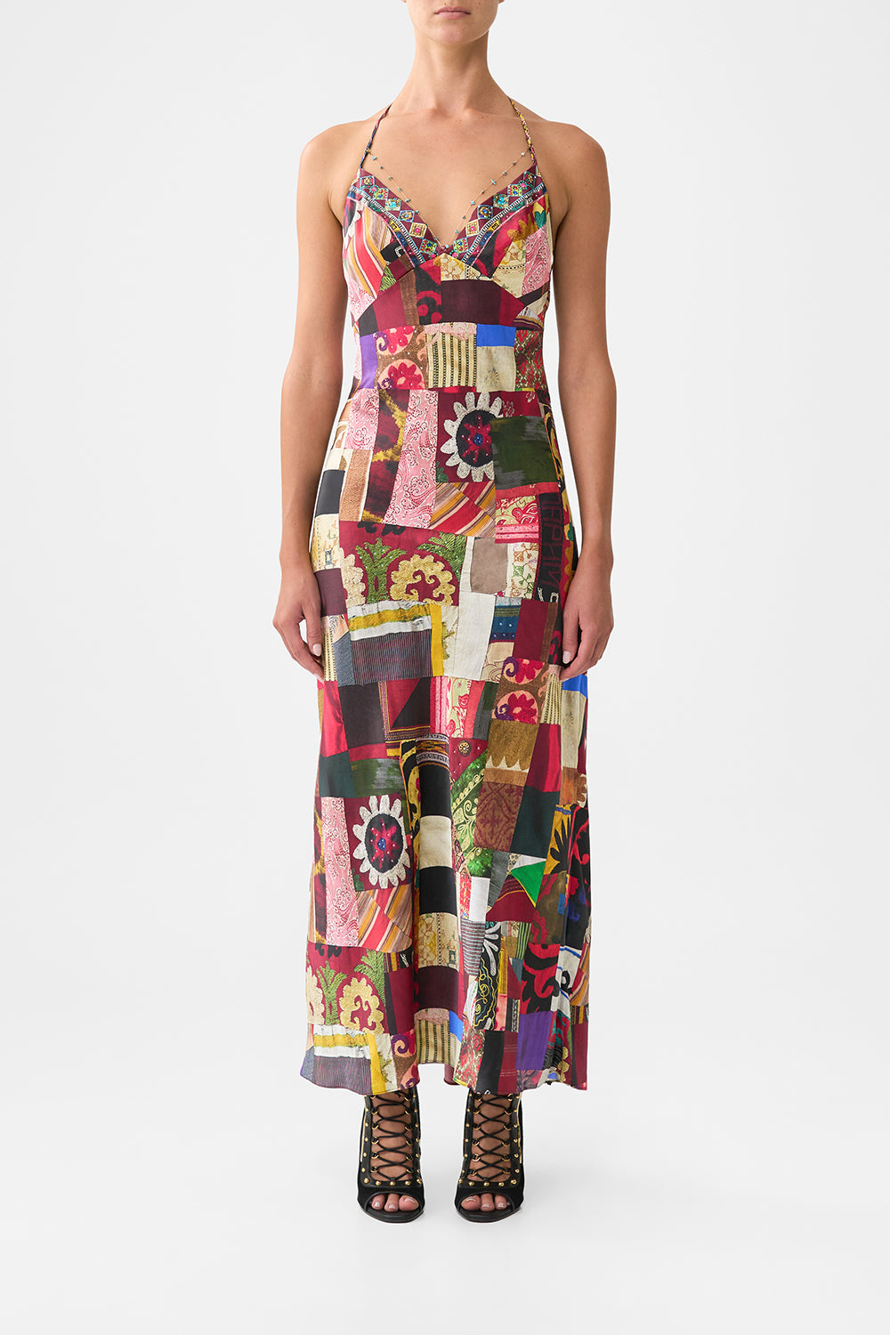 The CAMILLA CHAIN DETAIL SLIP DRESS PATCHWORK ALCHEMY in our PATCHWORK ALCHEMY print.