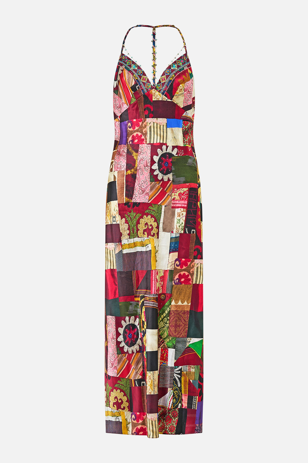The CAMILLA CHAIN DETAIL SLIP DRESS PATCHWORK ALCHEMY in our  print.