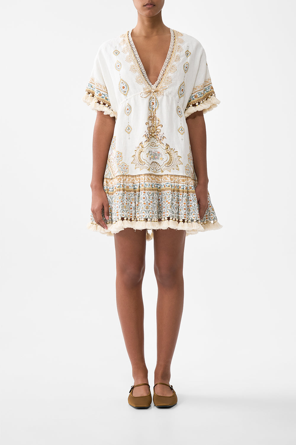 The CAMILLA SHORT V NECK EMBROIDERED DRESS OTTOMAN DYNASTY in our OTTOMAN DYNASTY print.