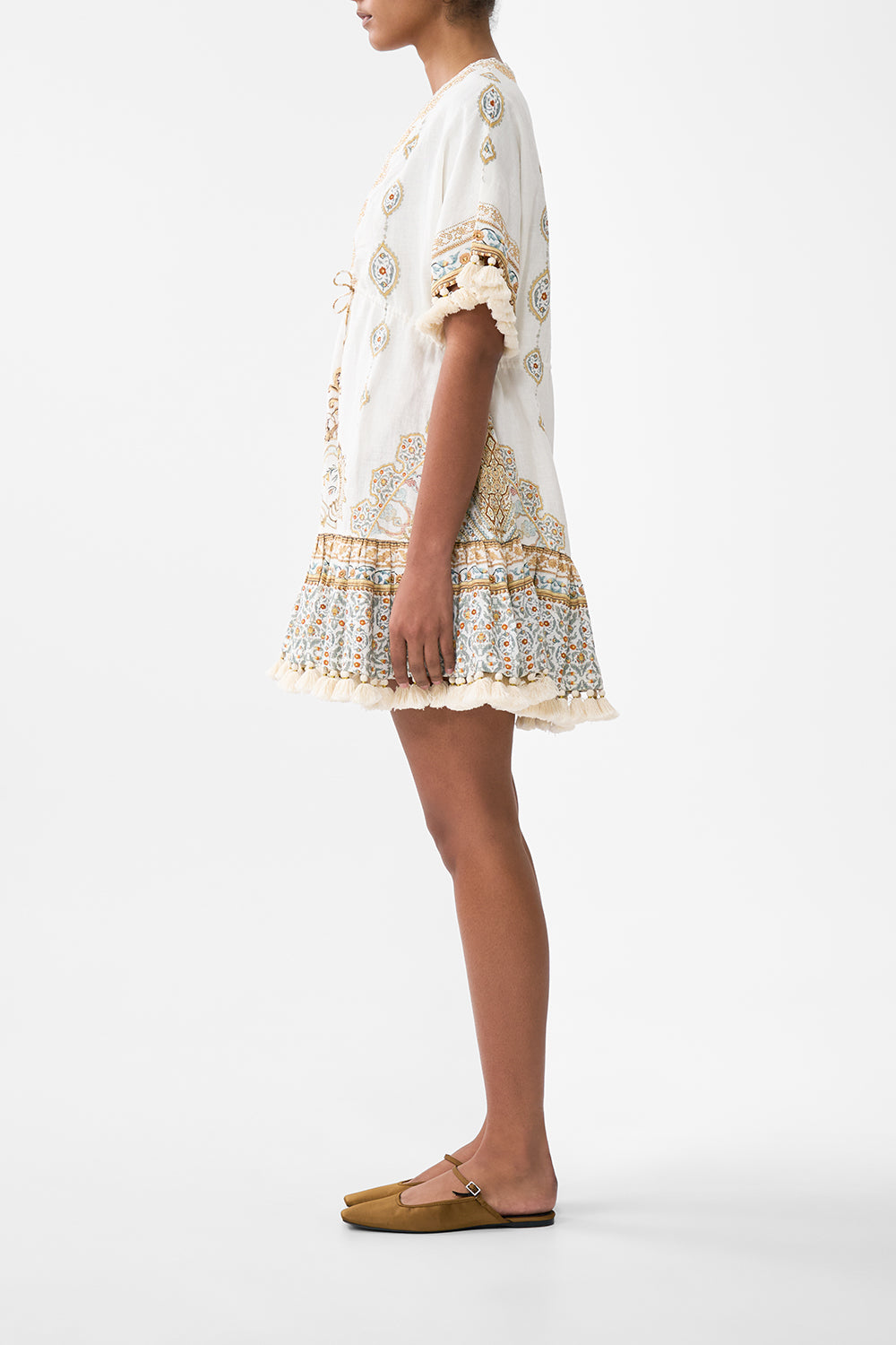 The CAMILLA SHORT V NECK EMBROIDERED DRESS OTTOMAN DYNASTY in our  print.