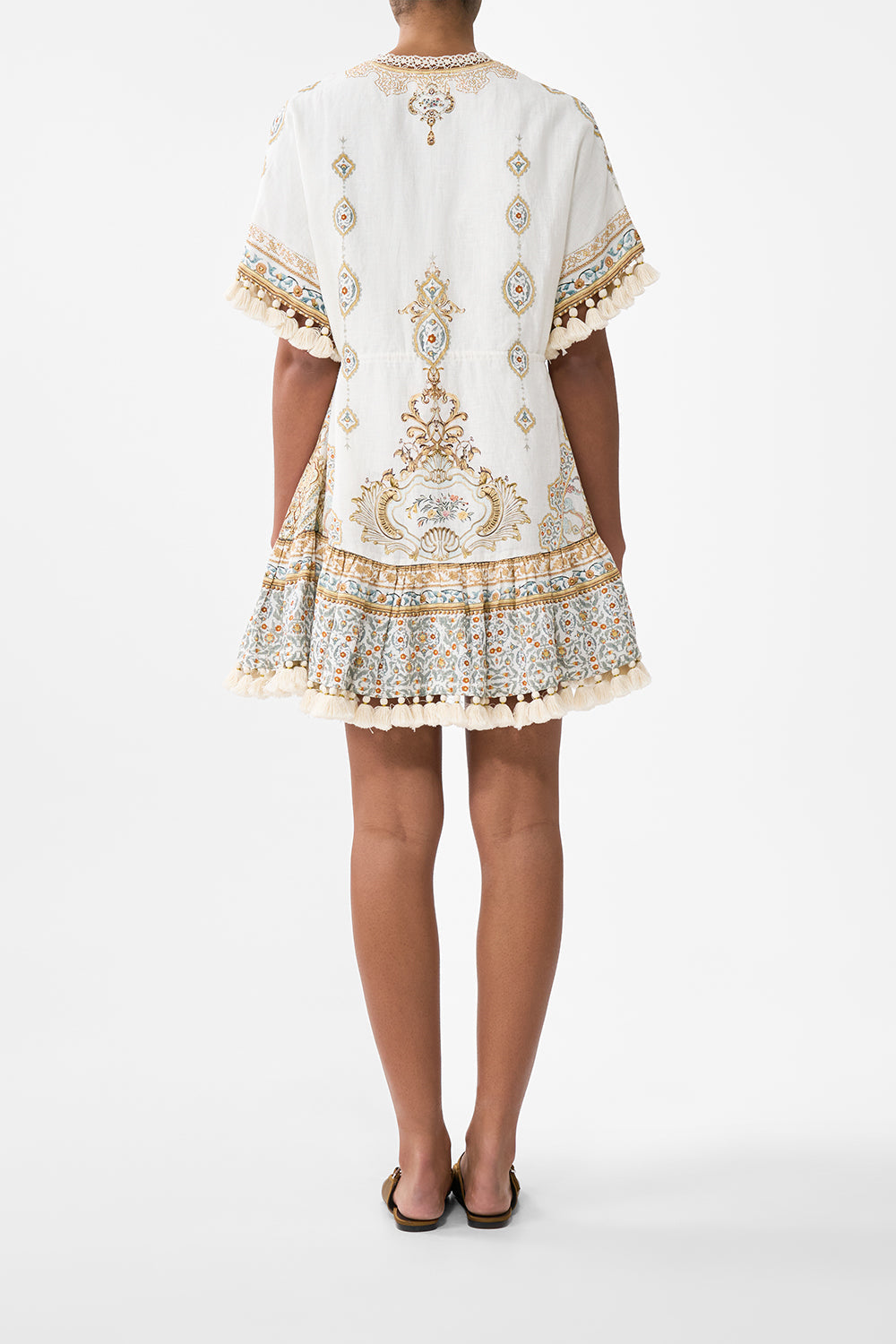 The CAMILLA SHORT V NECK EMBROIDERED DRESS OTTOMAN DYNASTY in our  print.