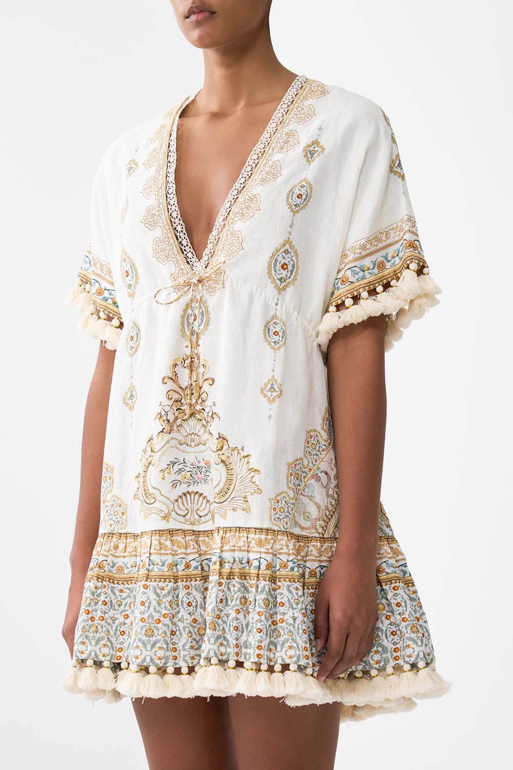 The CAMILLA SHORT V NECK EMBROIDERED DRESS OTTOMAN DYNASTY in our  print.