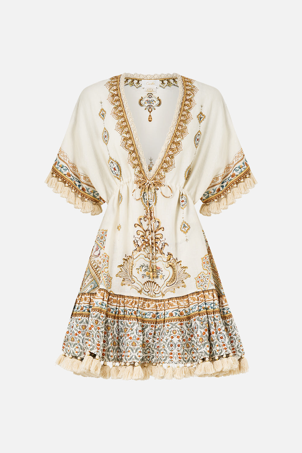 The CAMILLA SHORT V NECK EMBROIDERED DRESS OTTOMAN DYNASTY in our  print.