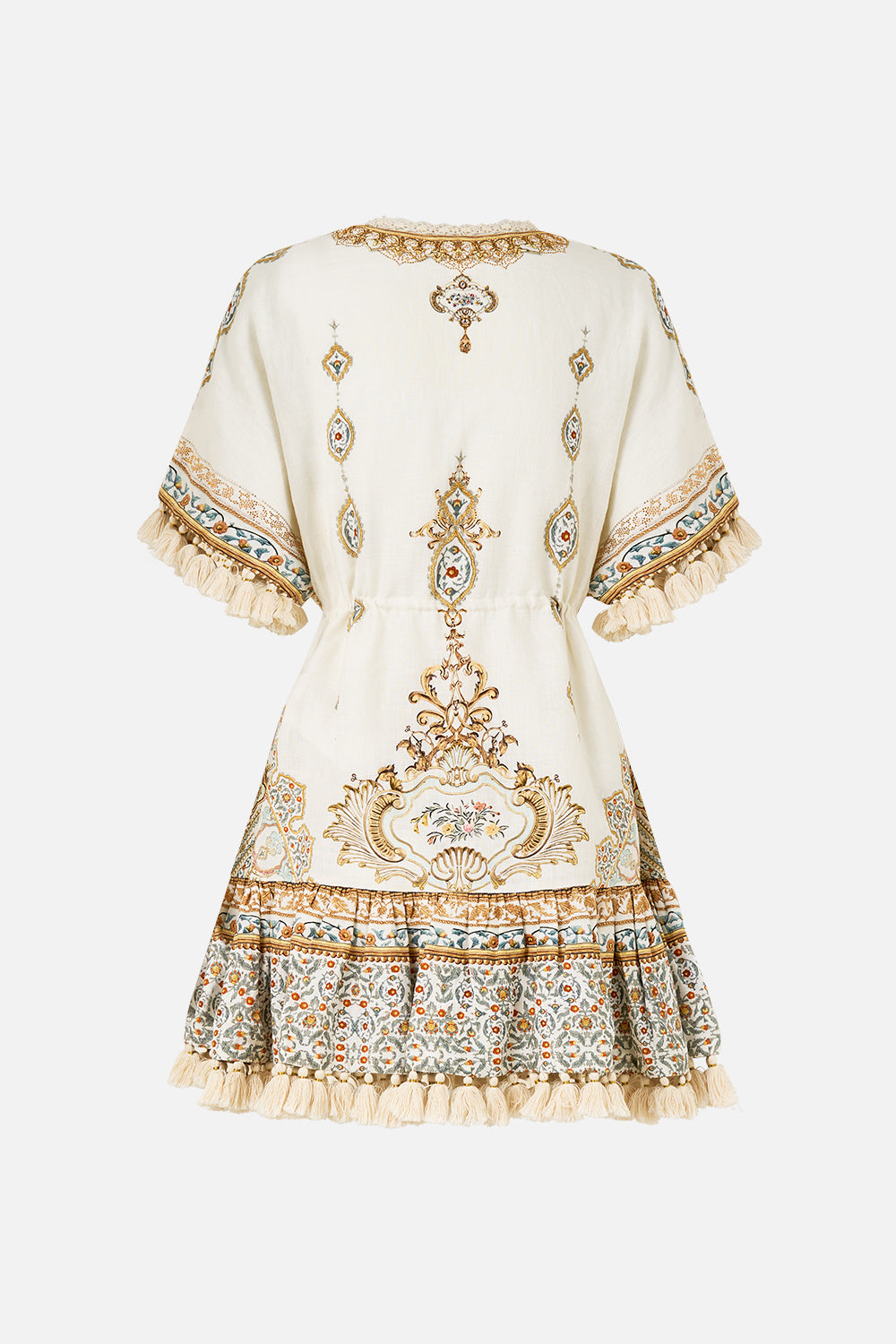The CAMILLA SHORT V NECK EMBROIDERED DRESS OTTOMAN DYNASTY in our  print.