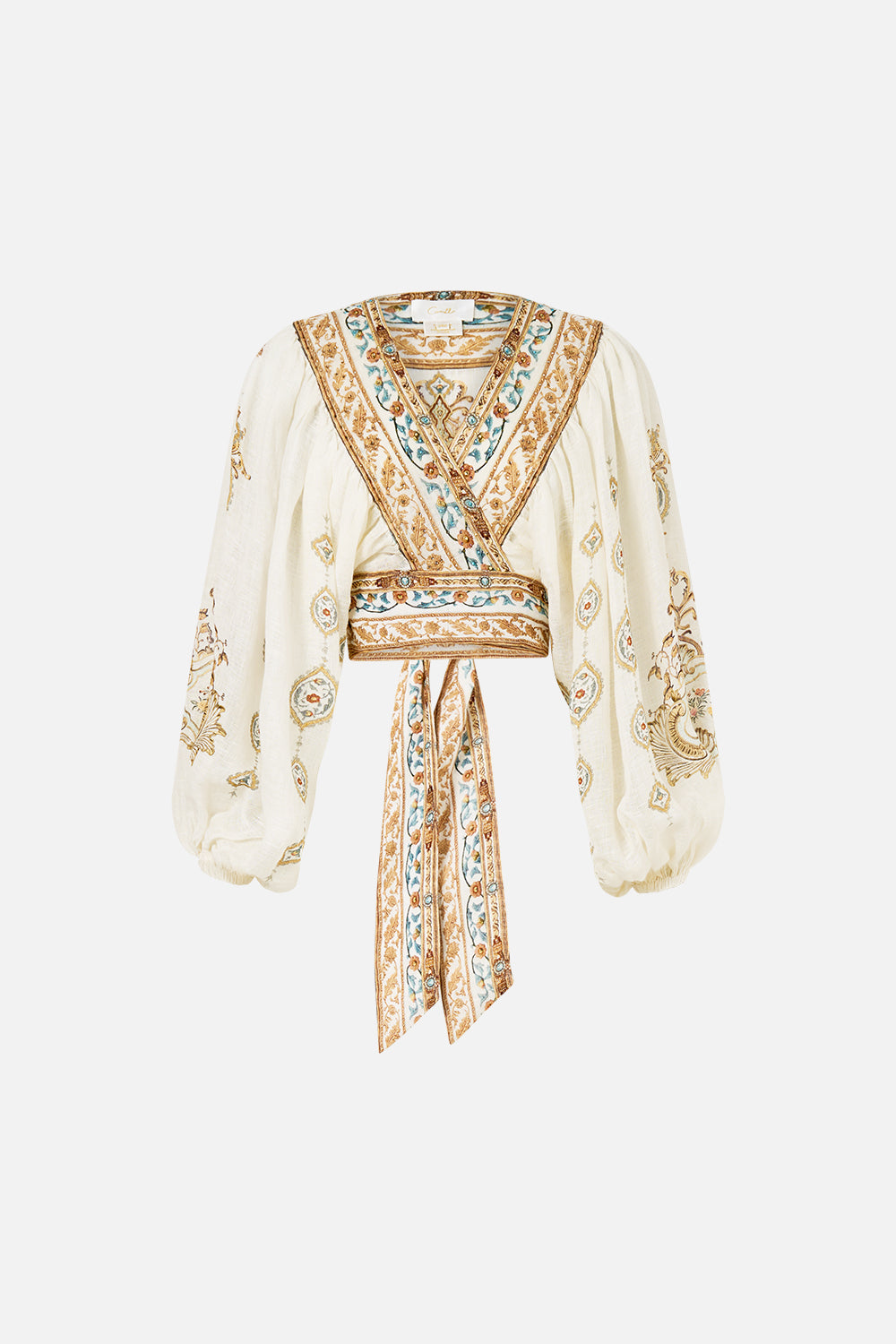 The CAMILLA CROPPED BLOUSON SLEEVE TIE FRONT TOP OTTOMAN DYNASTY in our  print.