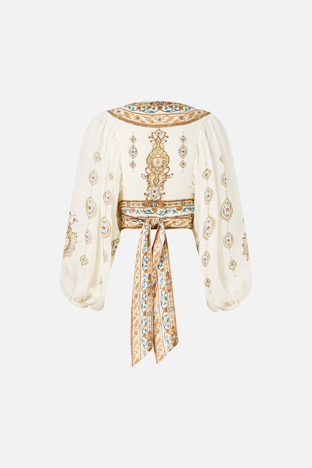 The CAMILLA CROPPED BLOUSON SLEEVE TIE FRONT TOP OTTOMAN DYNASTY in our  print.