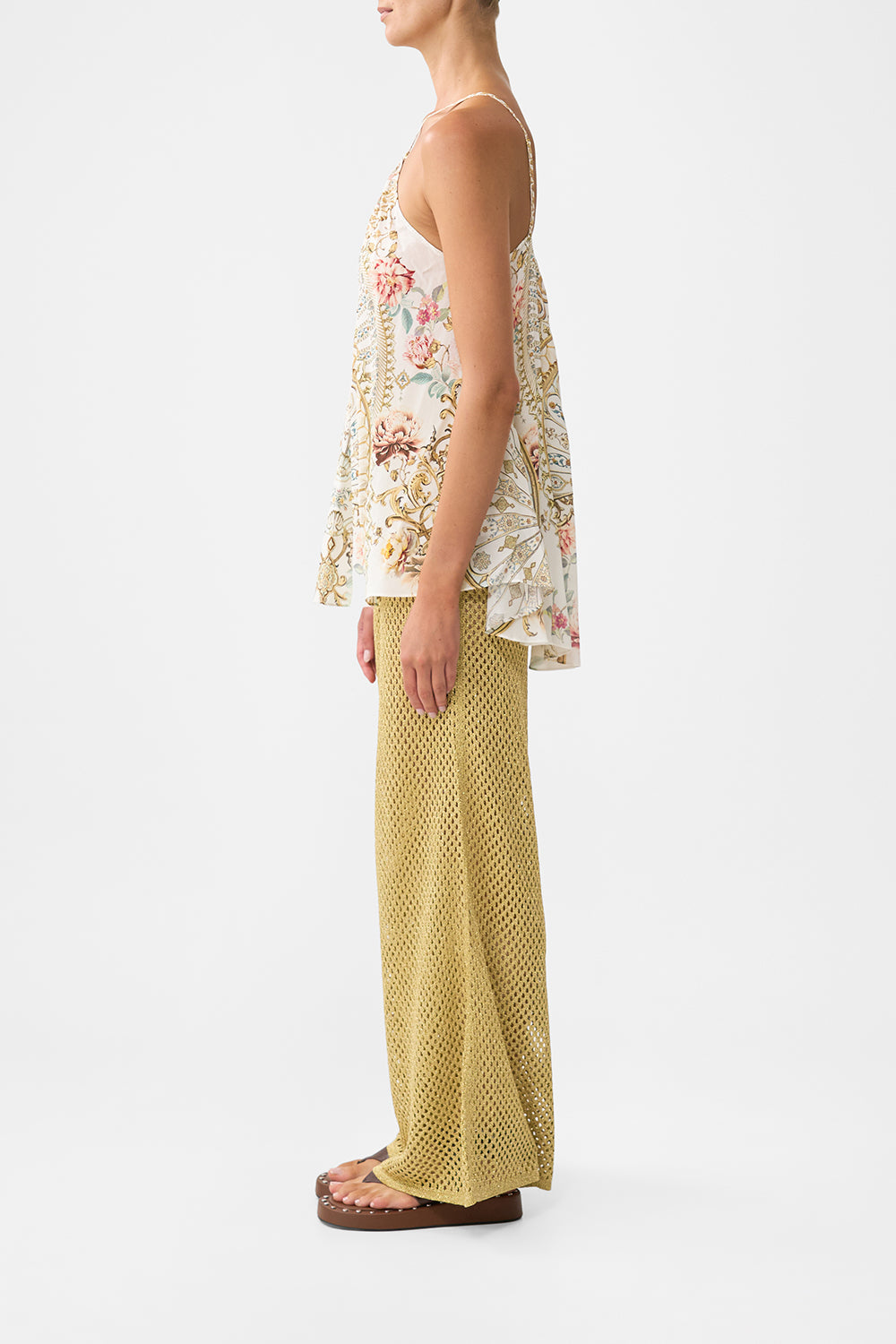 The CAMILLA GATHER NECK HARDWARE TOP OTTOMAN DYNASTY in our  print.