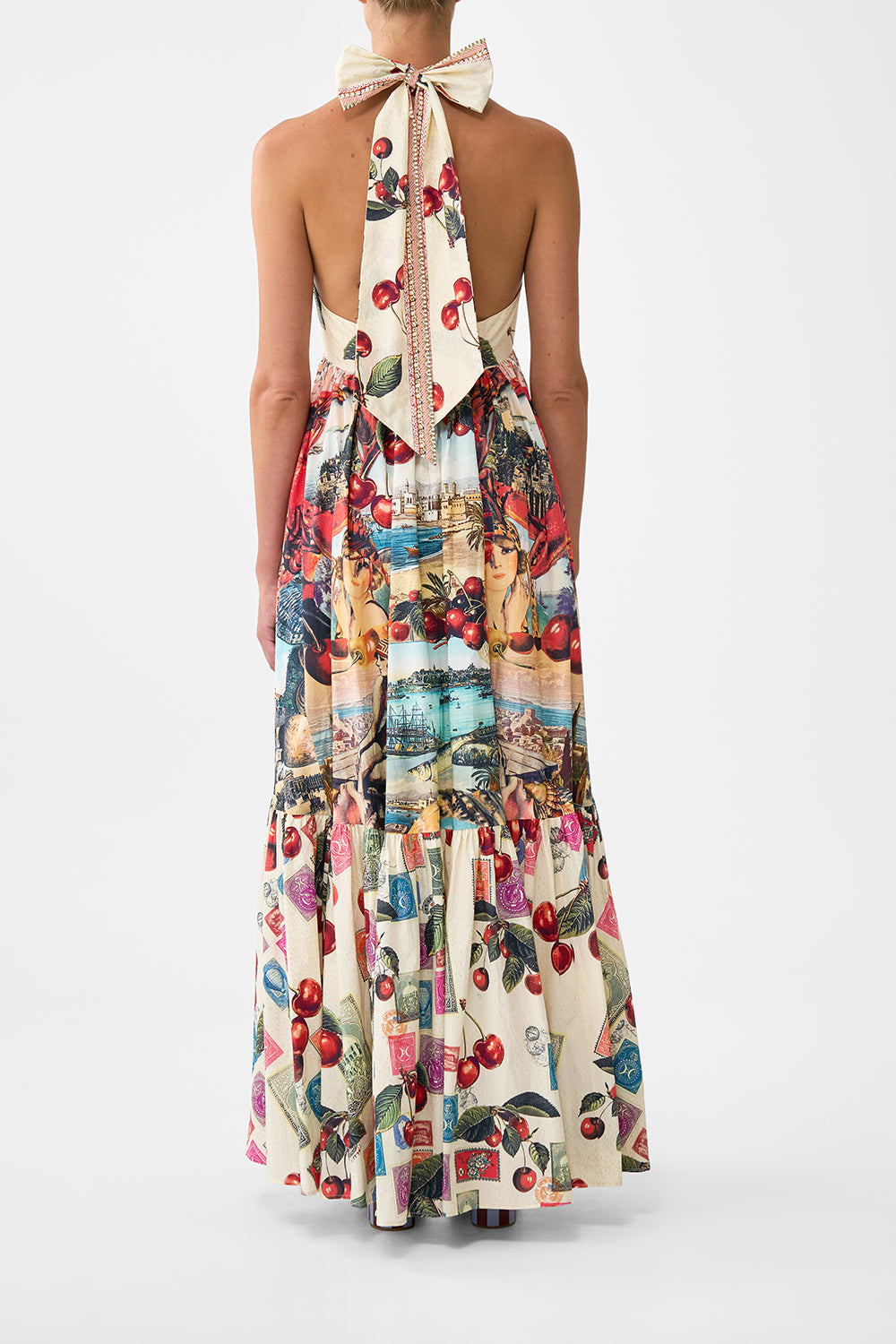The CAMILLA ruffle hem halter dress from our print notes from the road