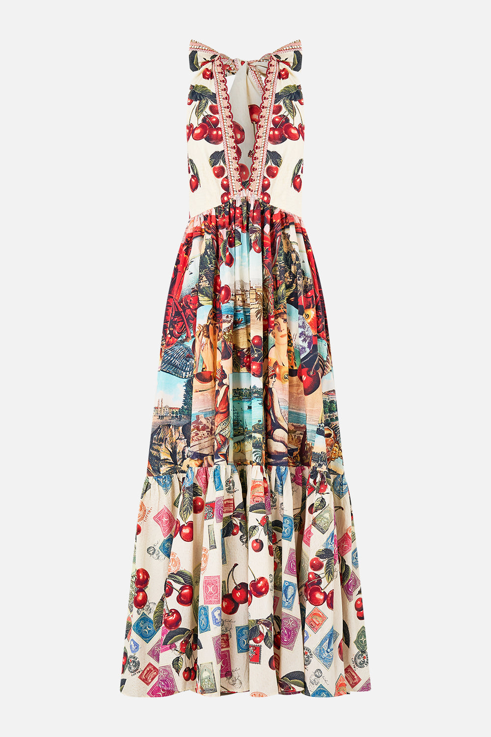 The CAMILLA ruffle hem halter dress from our print notes from the road, front product view