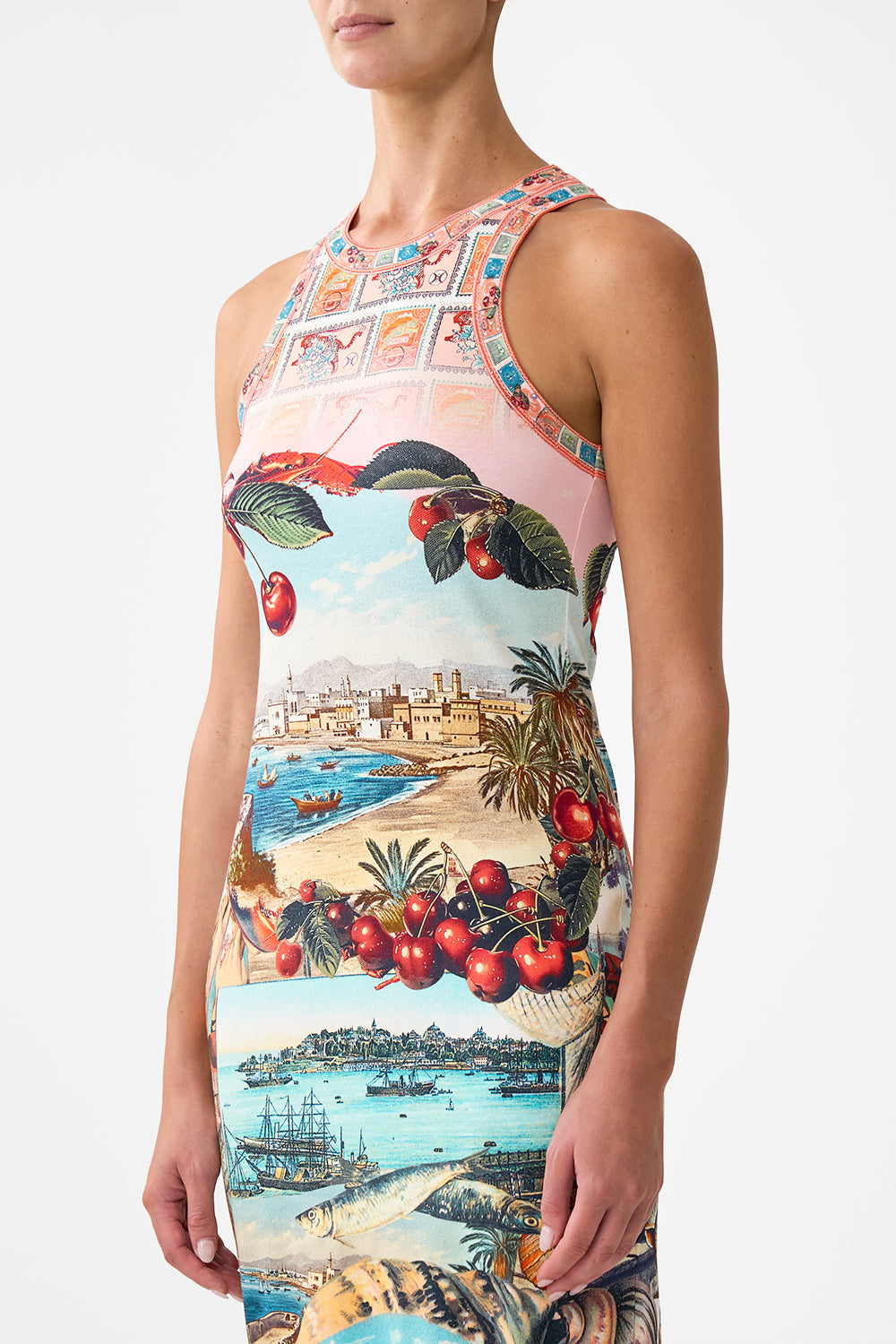 The CAMILLA JERSEY TANK DRESS NOTES FROM THE ROAD in our  print.